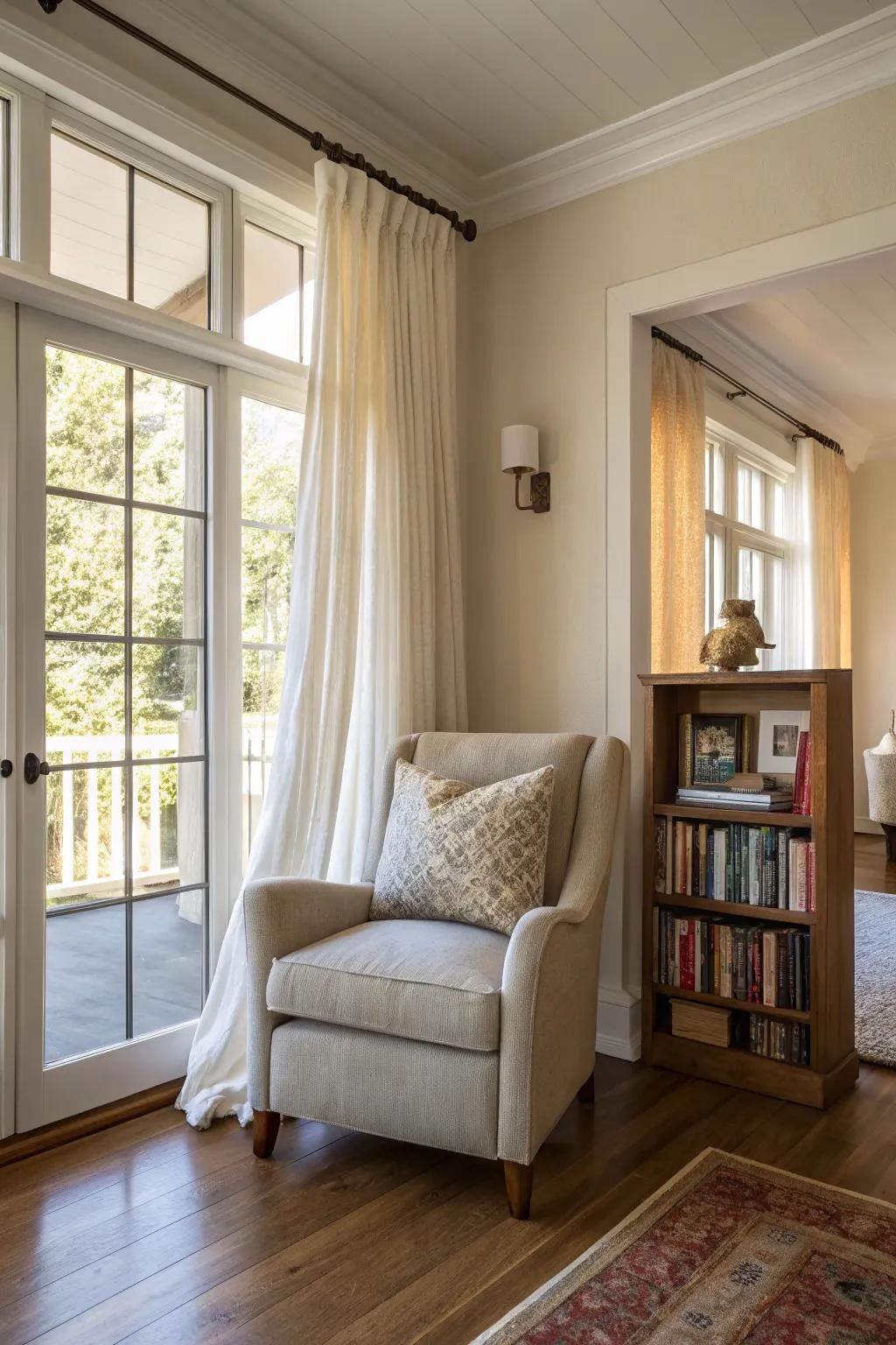 A cozy reading nook in a California room for relaxation.