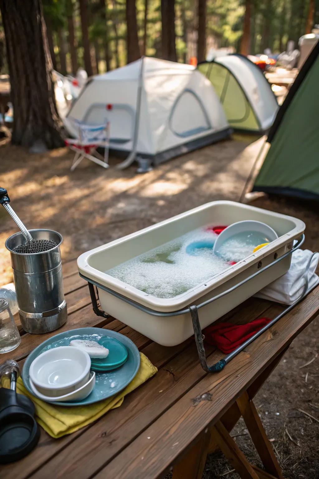 Maintain a tidy camp kitchen by using a collapsible sink.