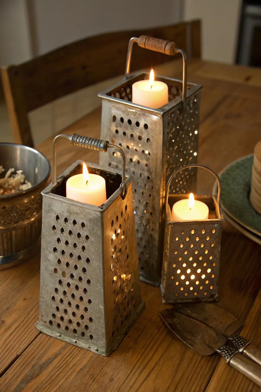 Vintage cooking tool add a quirky touch to candle displays.