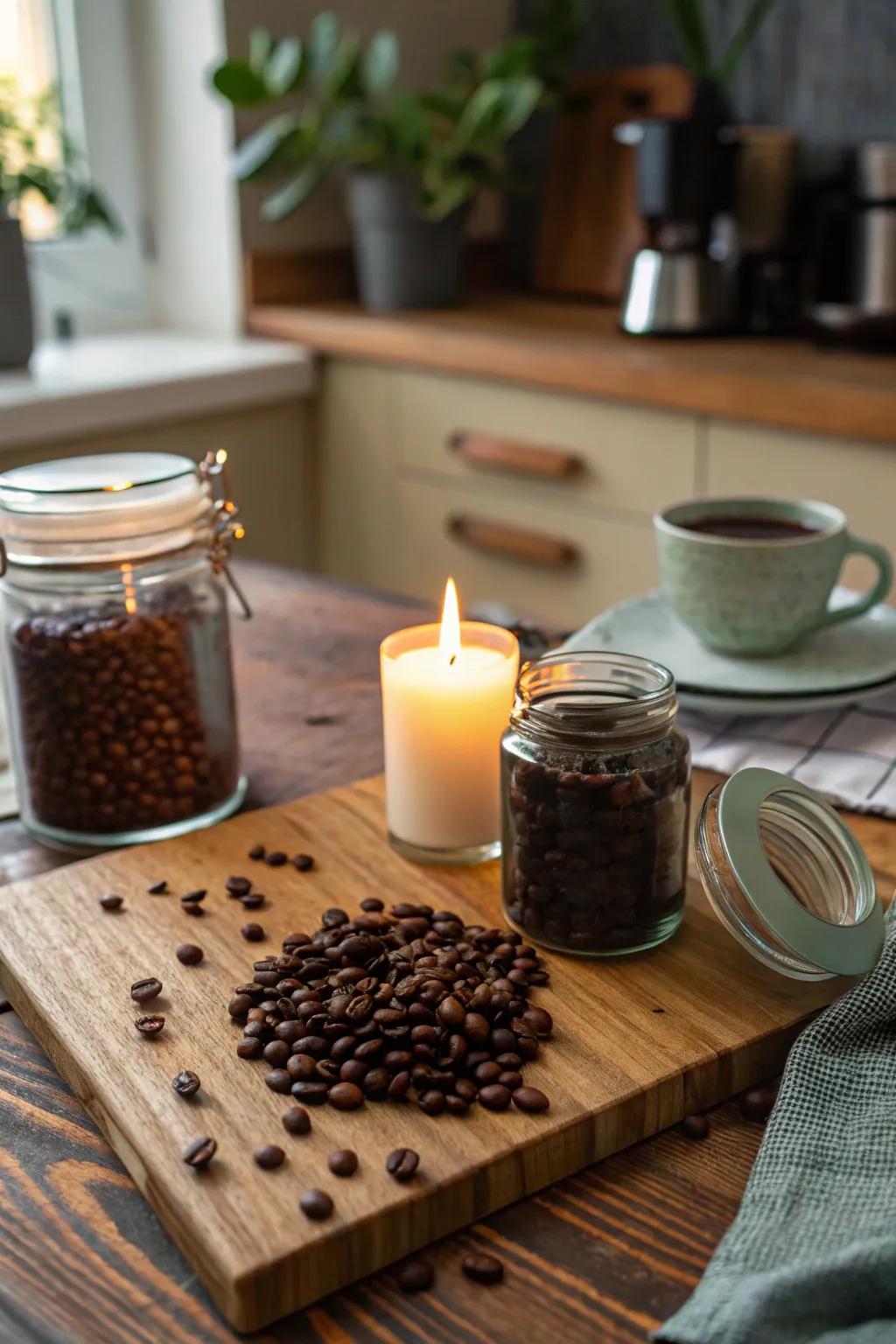 Rich aroma featuring coffee granule candle enclosures.