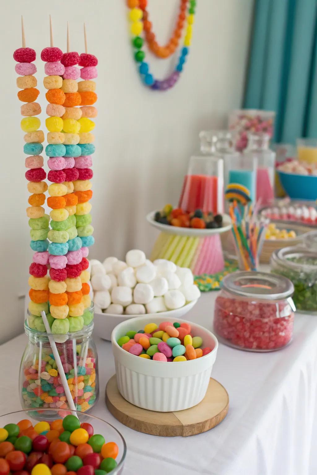 Edible decor contributes a playful vibe to your candy arrangement.