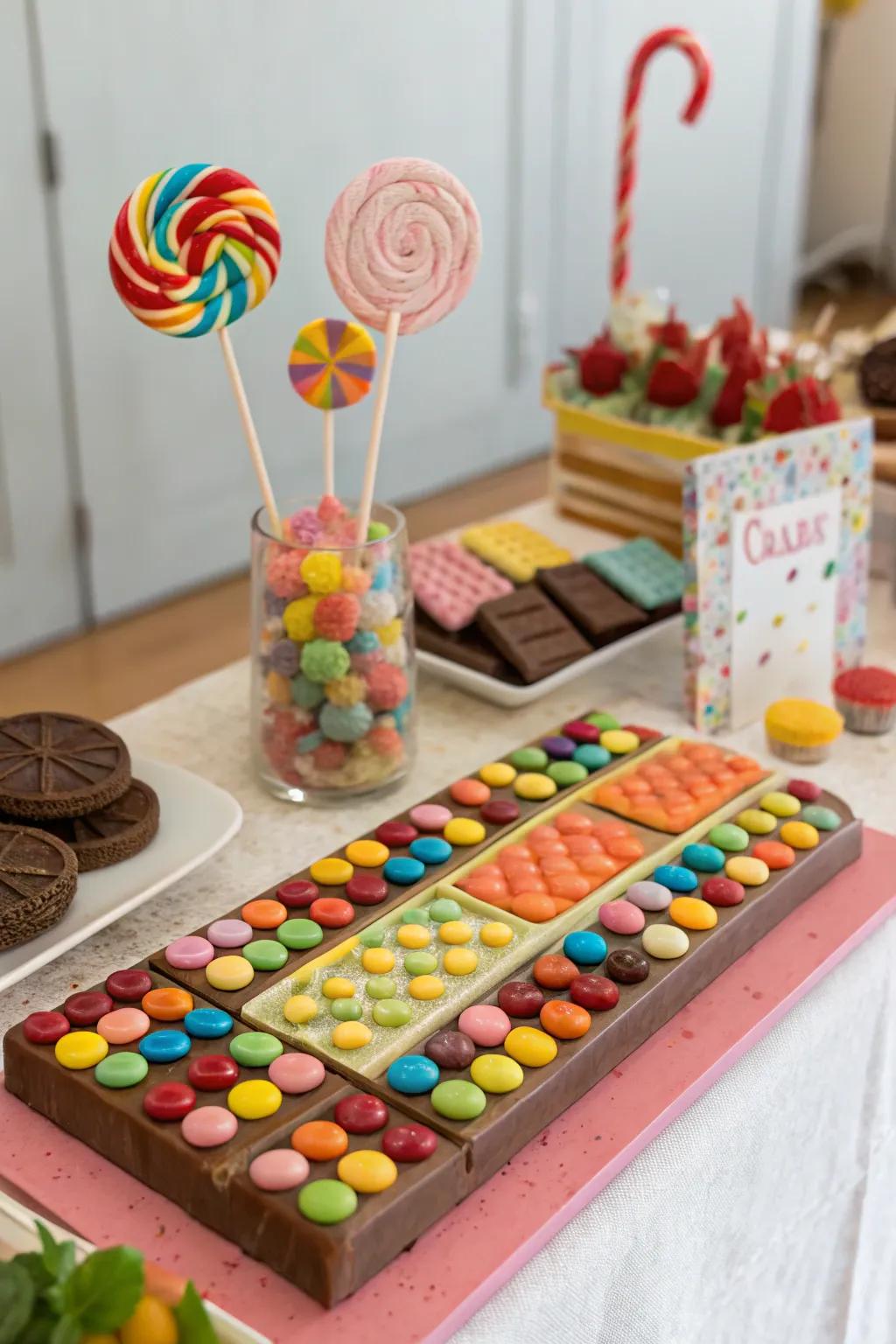 An enchanting quixotic candy station, brimming with imaginative decor and unique sweets.