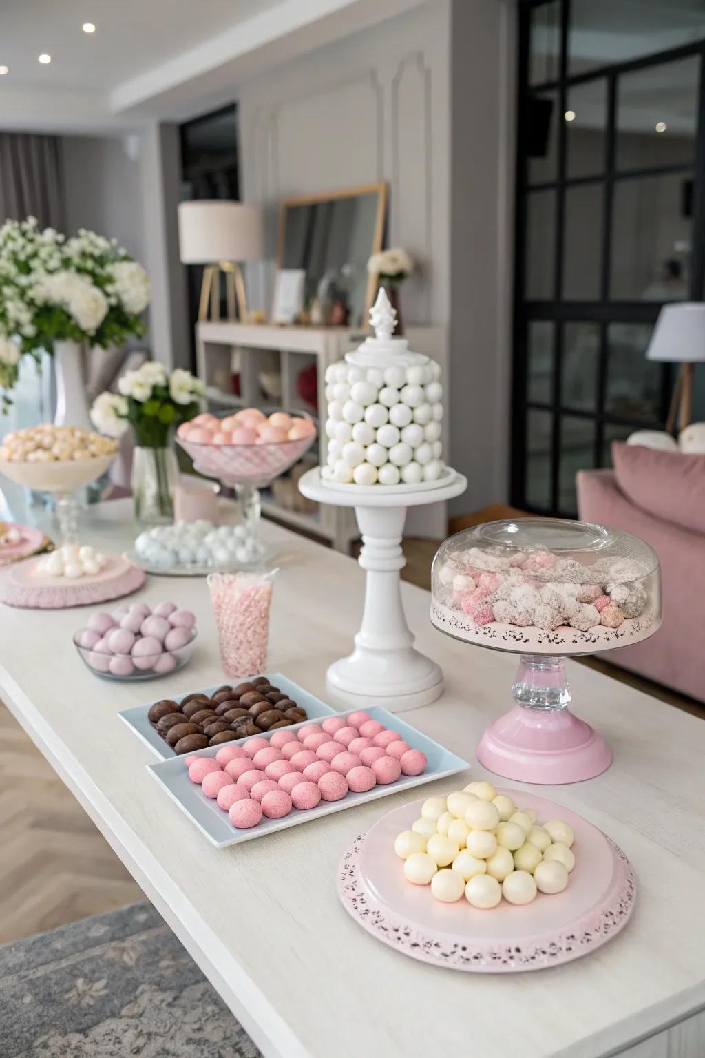 A chic monochrome candy table setup.