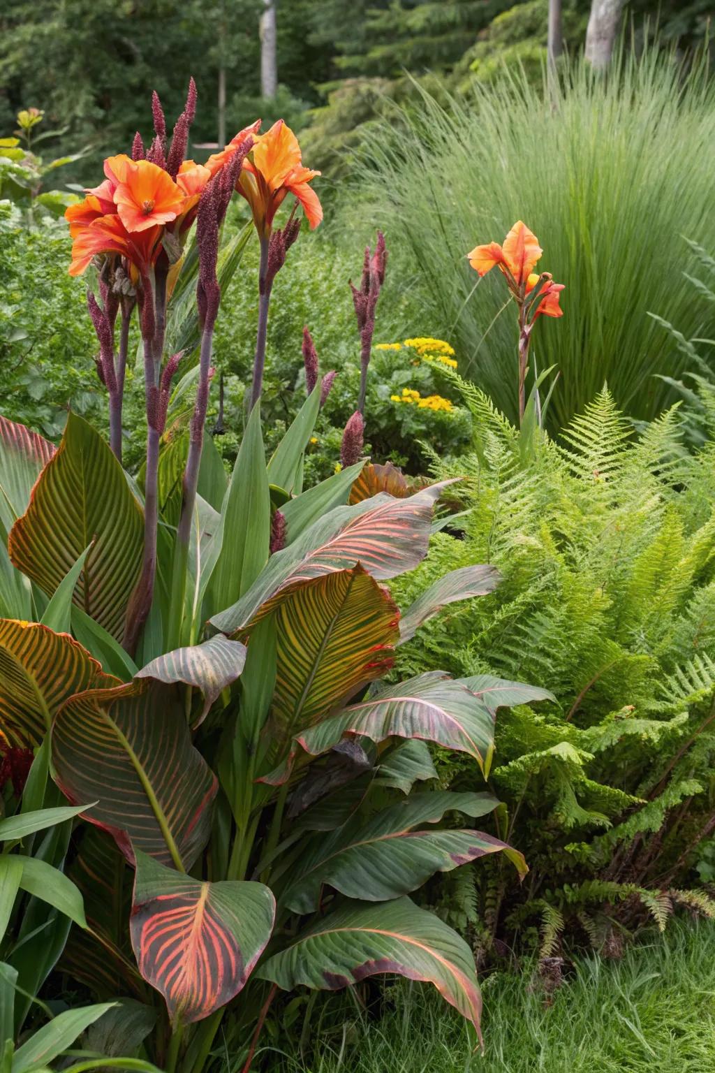 Majestic blooms with grasses and ferns for bold foliage focus.