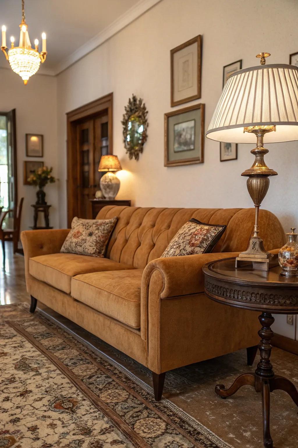 Classic elements add character to a honey-toned sofa space.