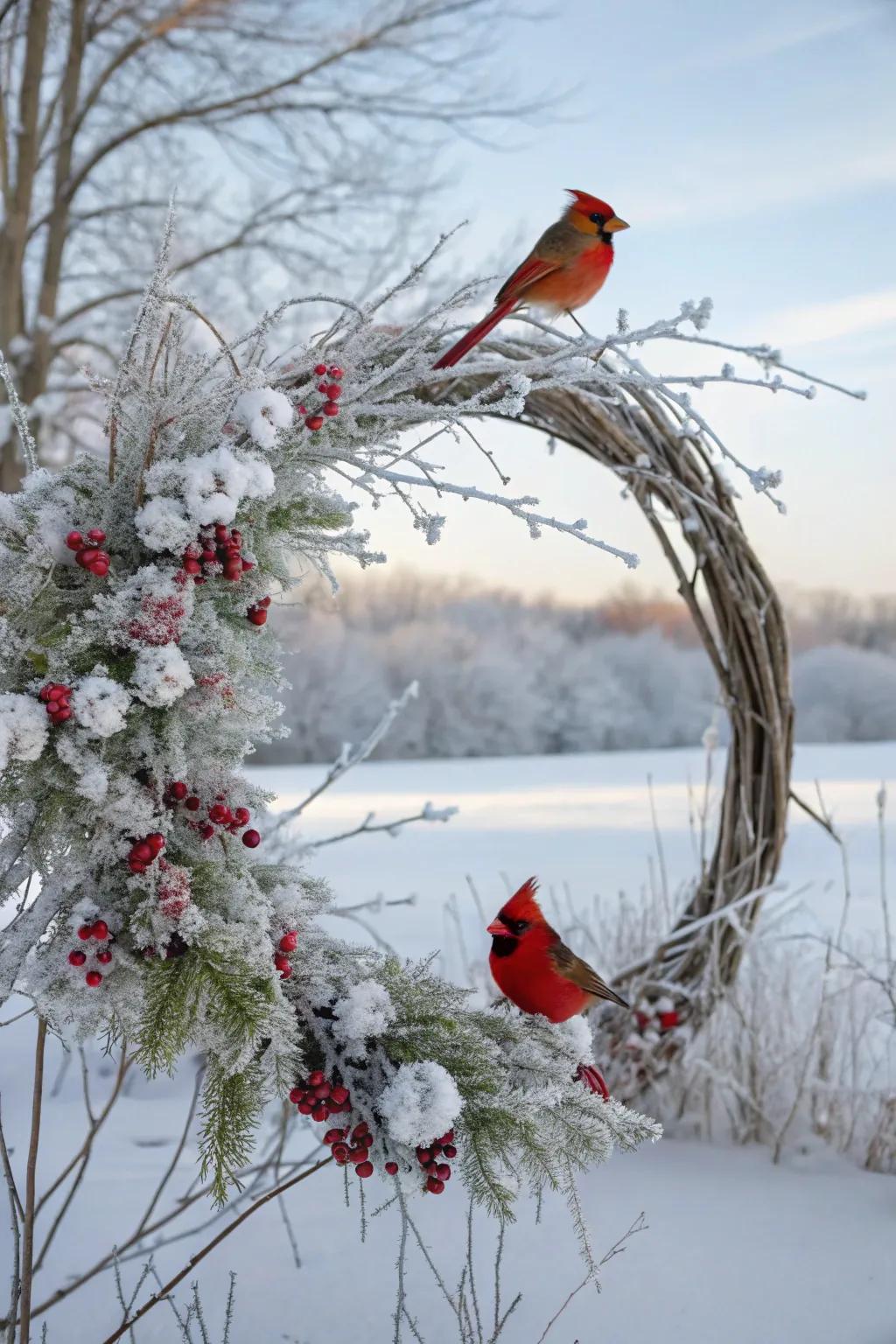 An elegantly frosted wreath showcasing cardinals for a sophisticated nuance.