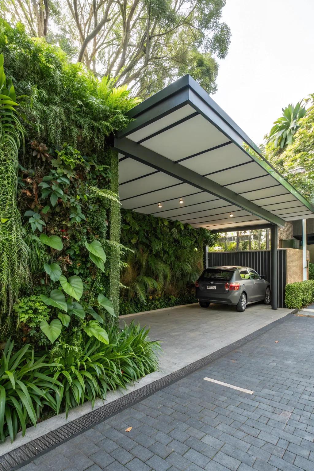 A carport highlighted by a lush living wall, merging nature with architecture.