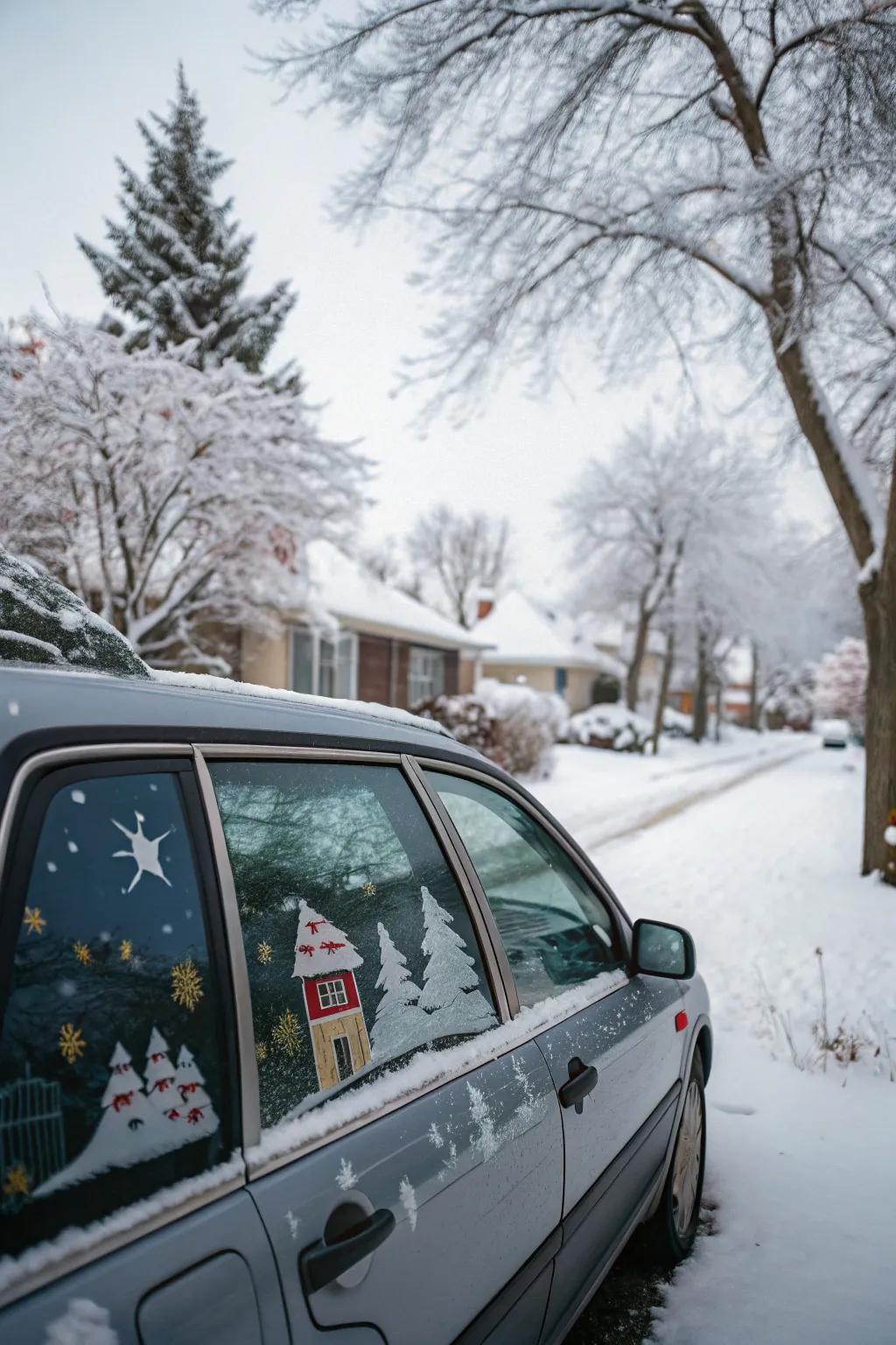 A car window that looks like a winter wonderland with festive decals.
