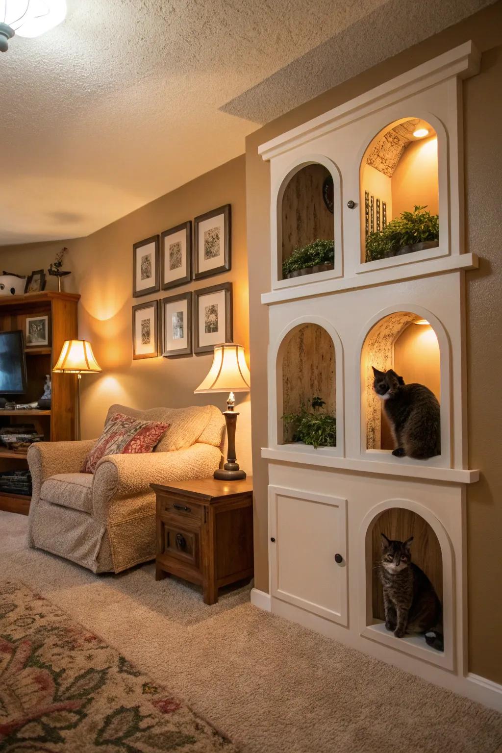 Concealed cubbies offer a sanctuary for shy cats.