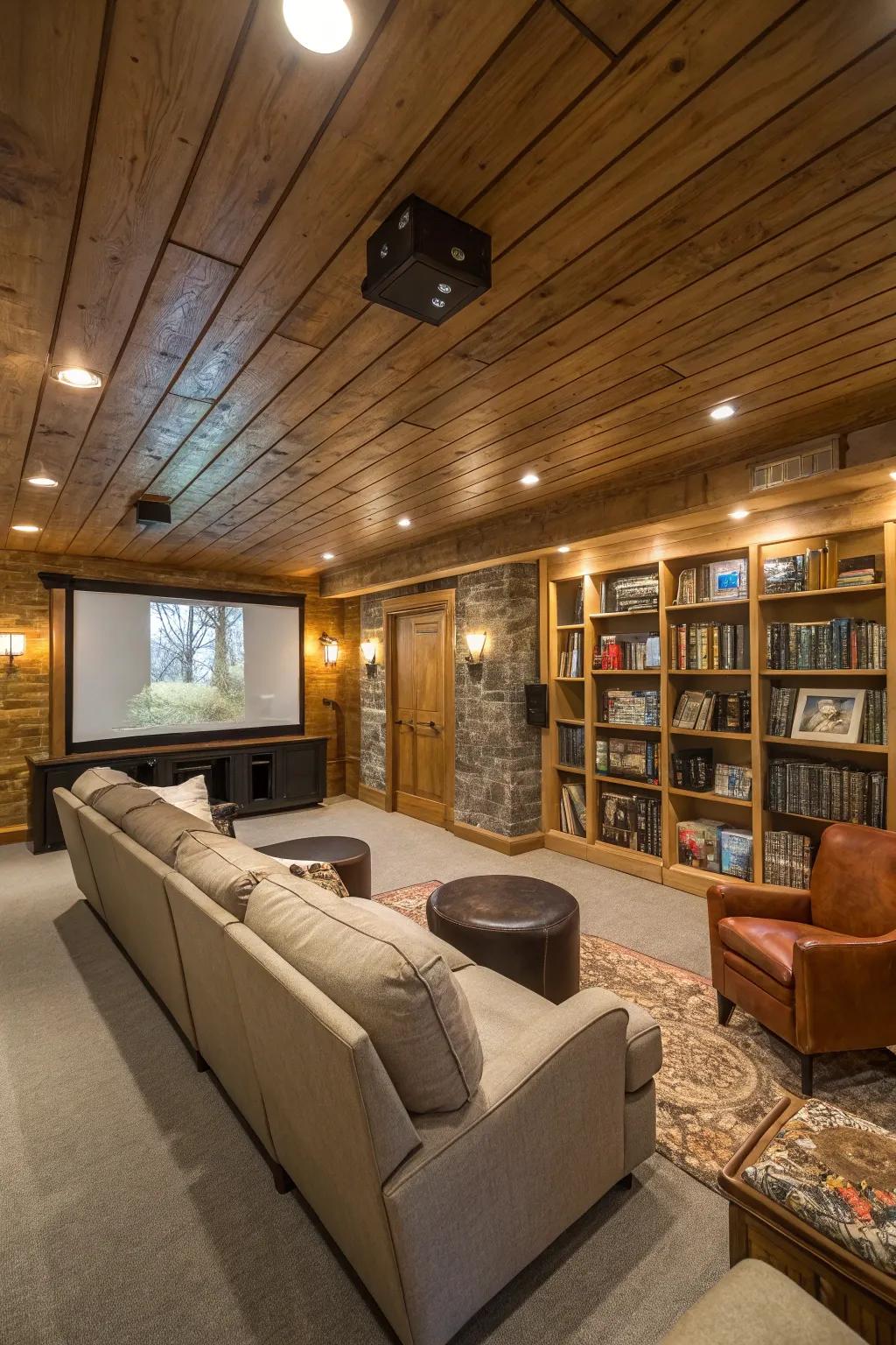 A snug below-ground chamber with a timber ceiling, engendering an inviting ambiance.