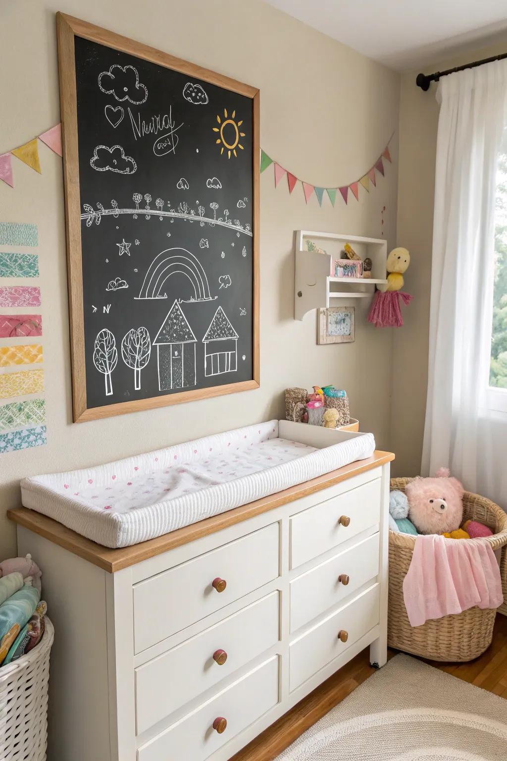 A chalkboard adds a whimsical and interactive element.