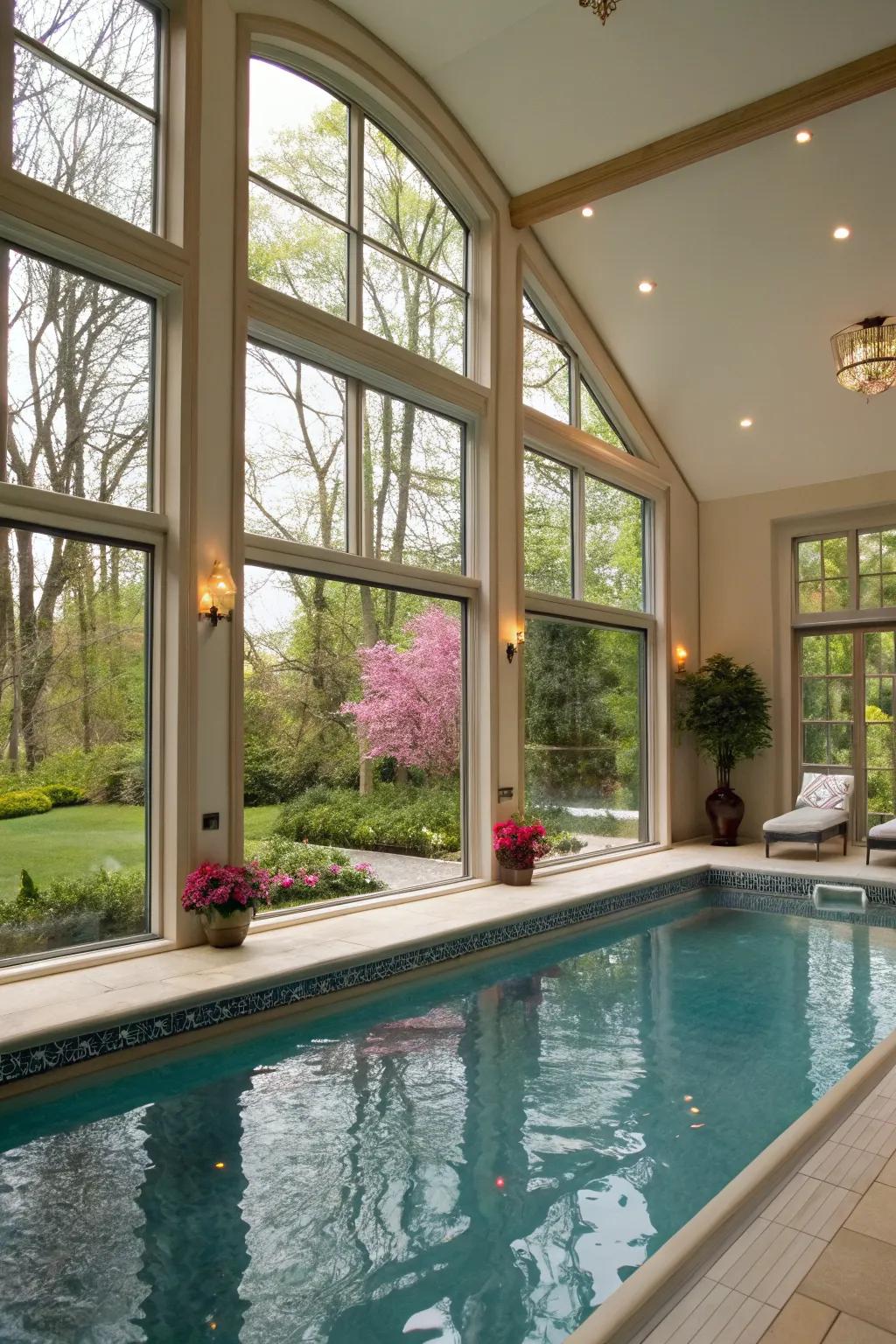 The indoor pool experience is enhanced by a view of nature.