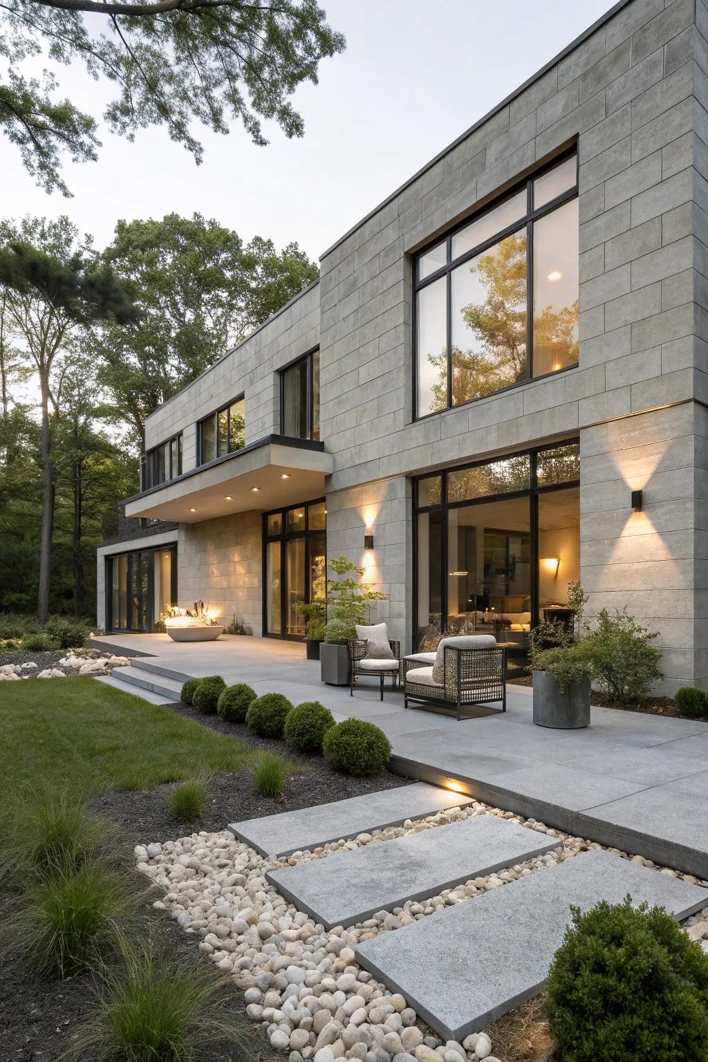 Concrete brick siding creates a bold, industrial façade.