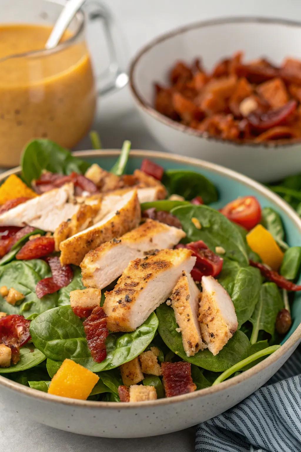Chicken spinach salad with warm ham sauce, a delightful fusion of zests.