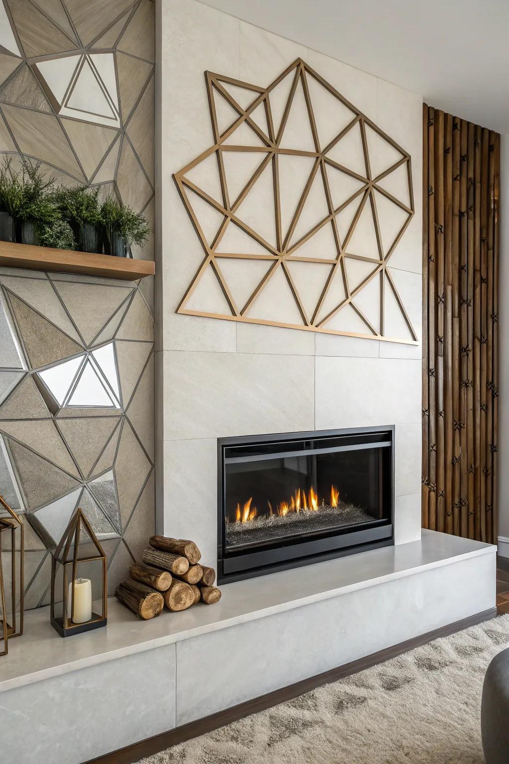 Geometric forms surrounding the fireplace introduce a modern and invigorating twist.