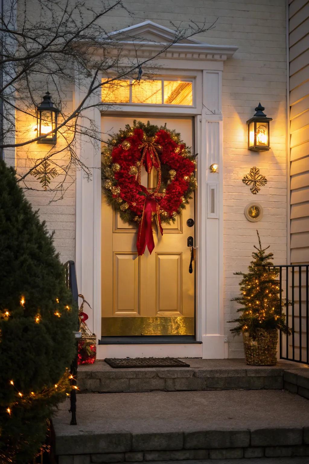 A scarlet and auric chaplet welcomes visitors with prosperity.