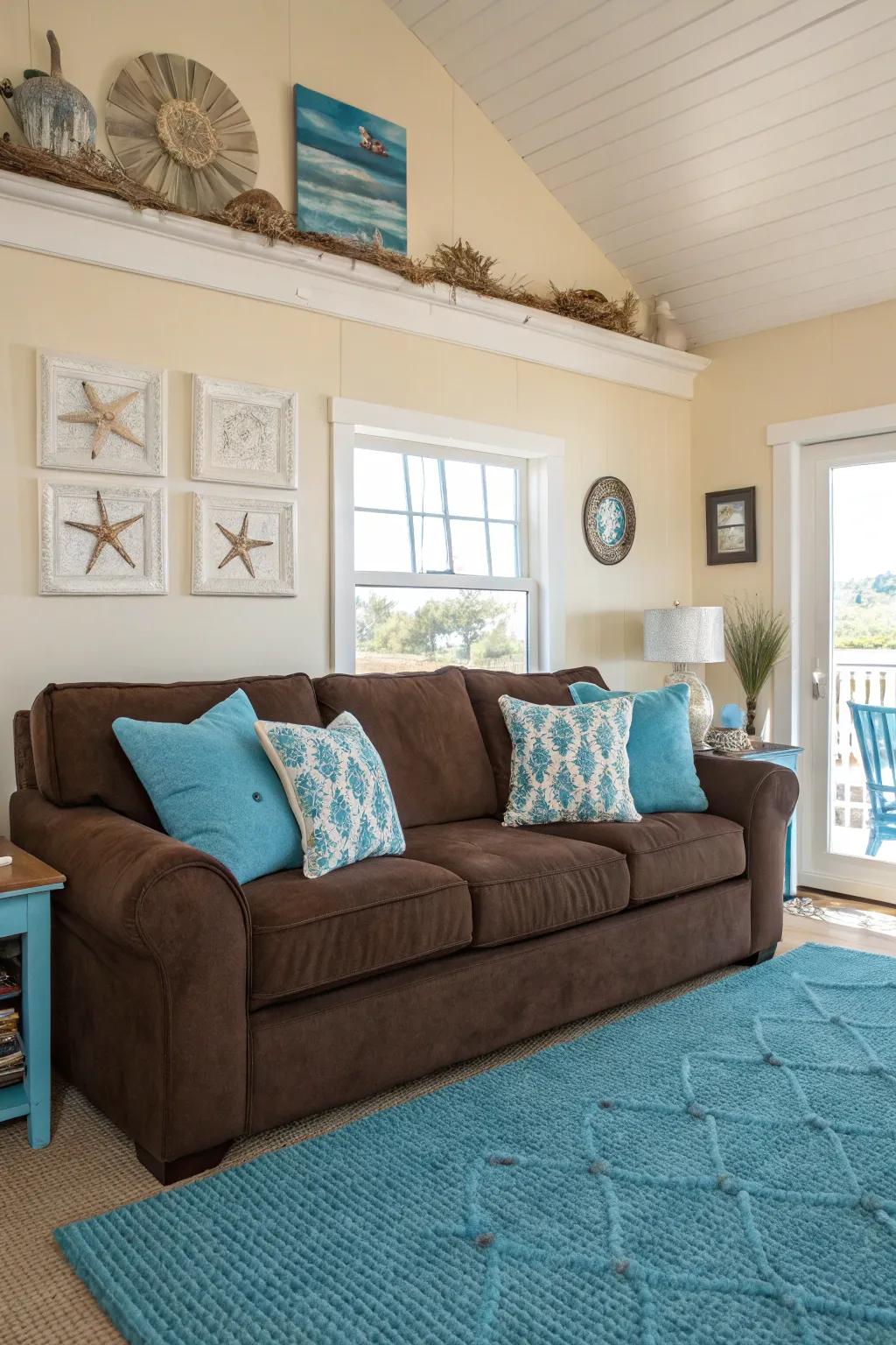 Seaside comfort is achieved with deep tones that enhance a cocoa sofa.