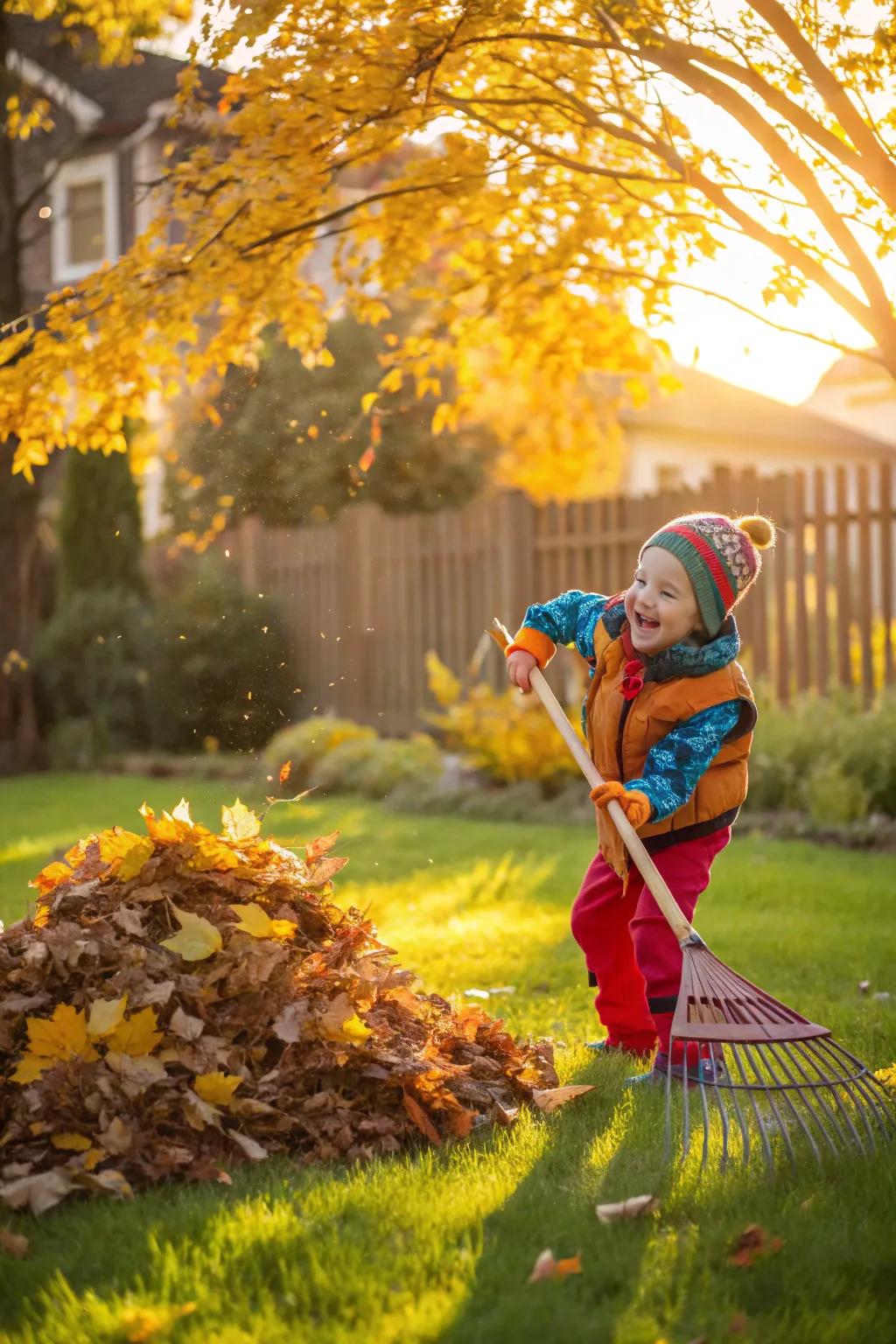 A child raking leaves, blending work with play.