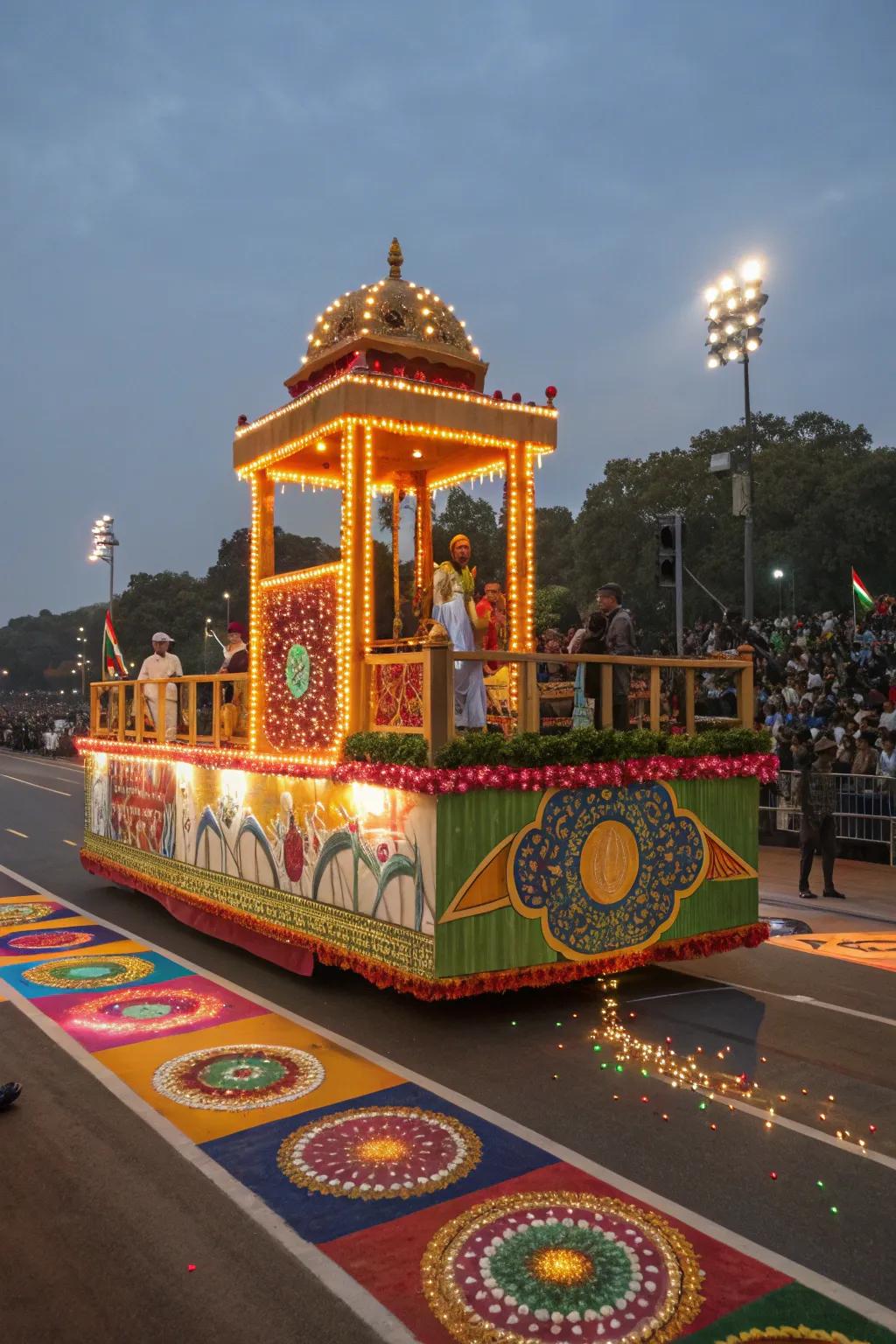 Indian Light Festival float featuring vibrant rangoli designs.