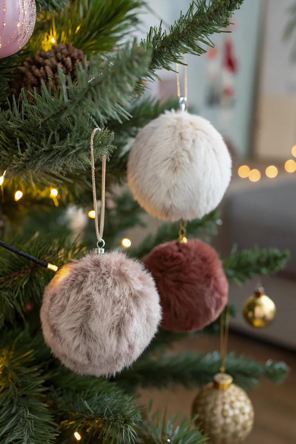 Imitation fur-wrapped decorations fashion a snug, inviting ambiance.