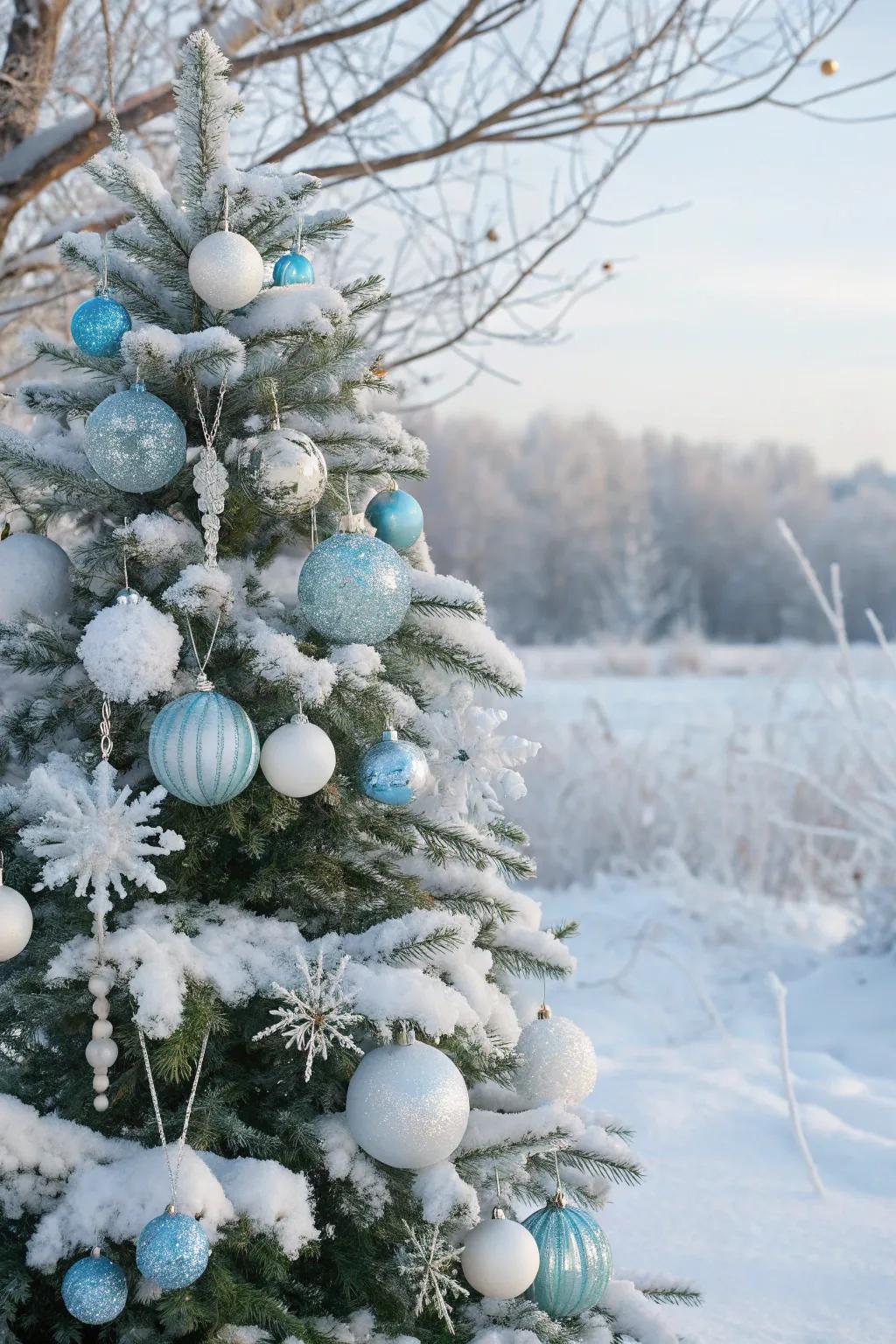 An icy wonderland Christmas bauble tree showcasing enchanting snowy adornments.