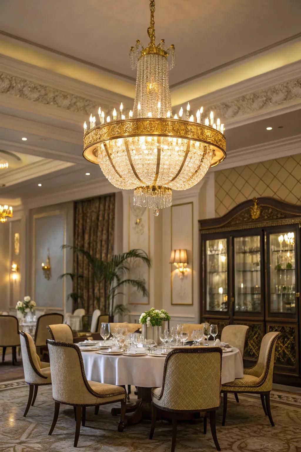 Gilded accents convey a sumptuous impression to chandelier ornamentations.