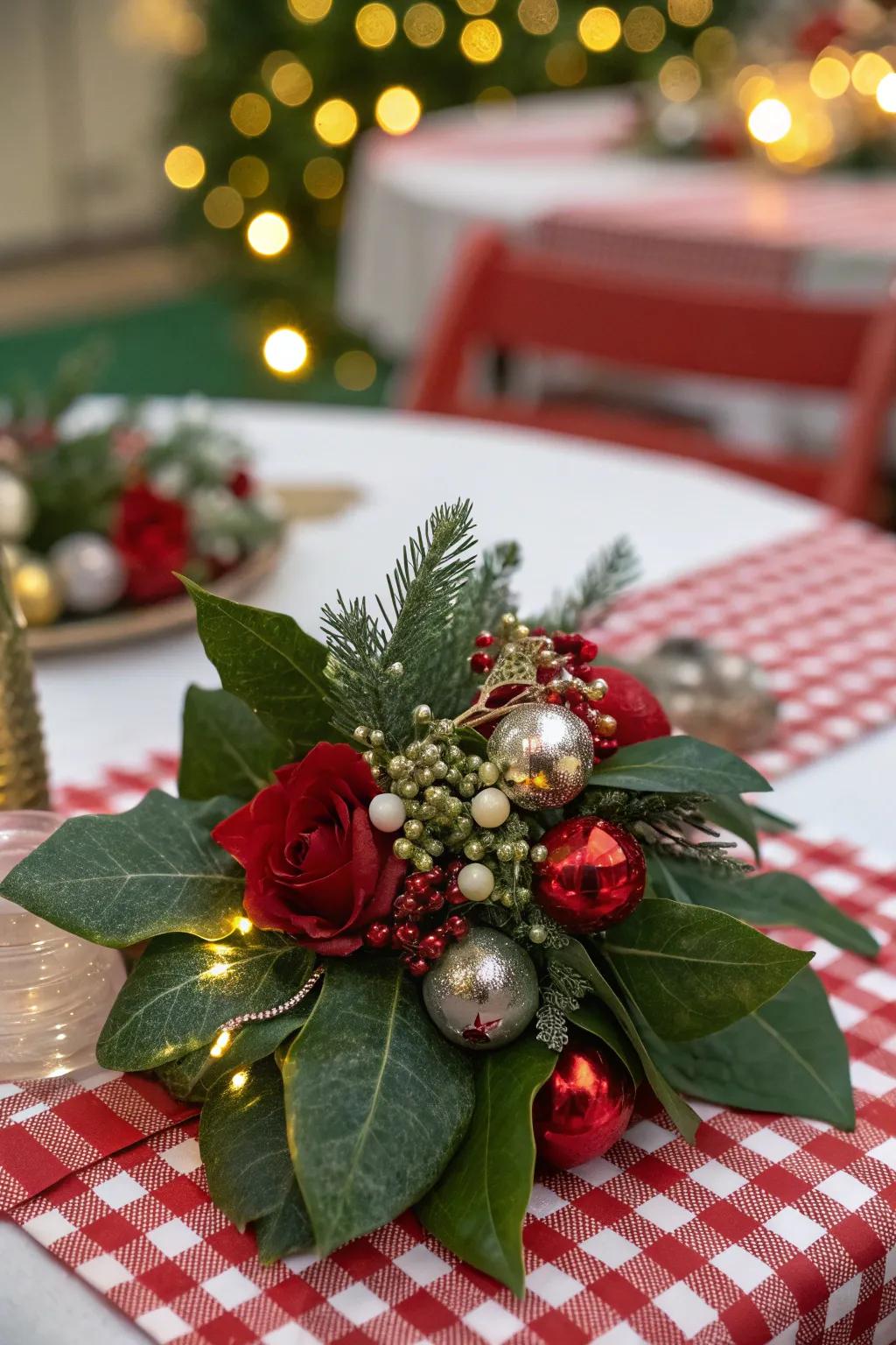 An opulent Christmas posy featuring miniature baubles.
