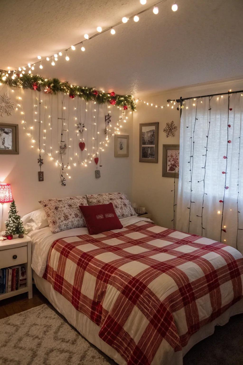 A bedchamber sprinkled with holiday enchantment by means of themed bedding.