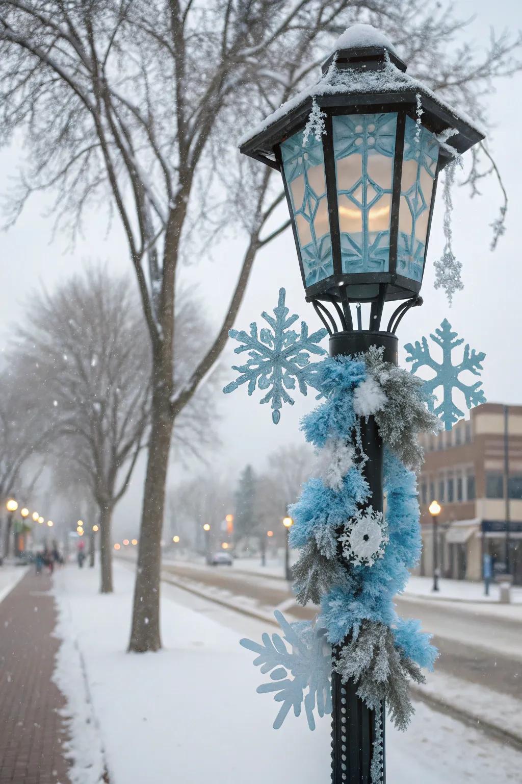 Themed decorations transform a lamp post into a festive highlight.
