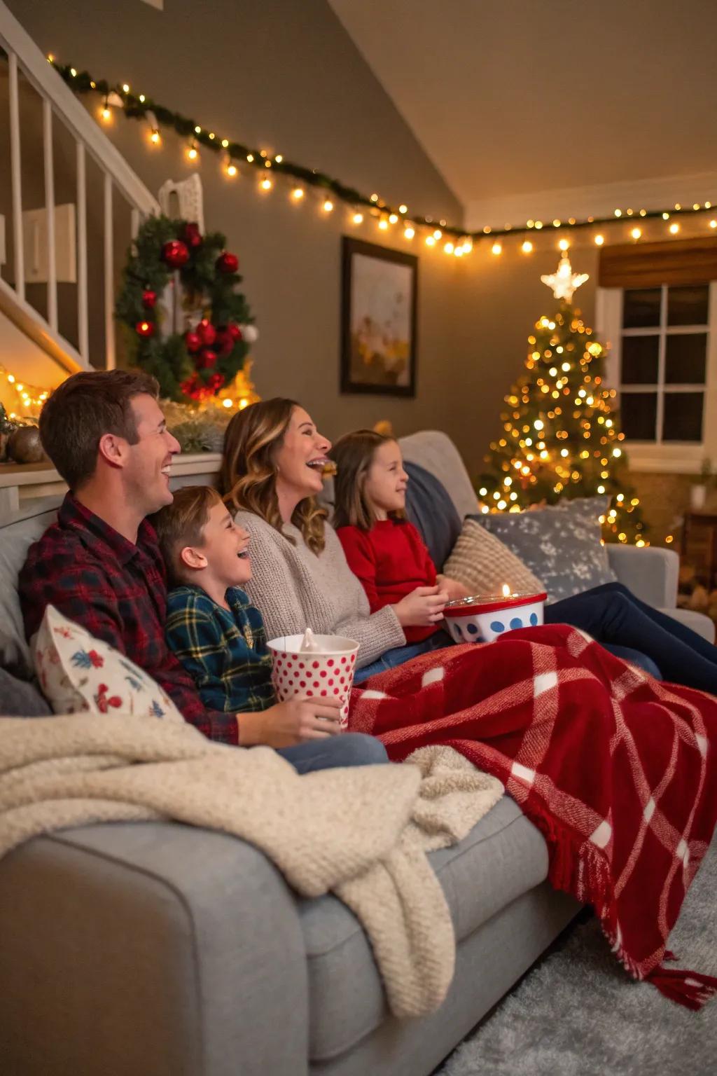 A family enjoying a festive holiday film evening, immersed in a cozy, decorated atmosphere.