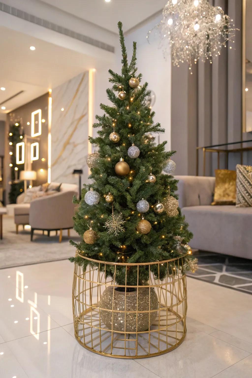 A gilded wire container bestows a glamorous nuance upon your tree.