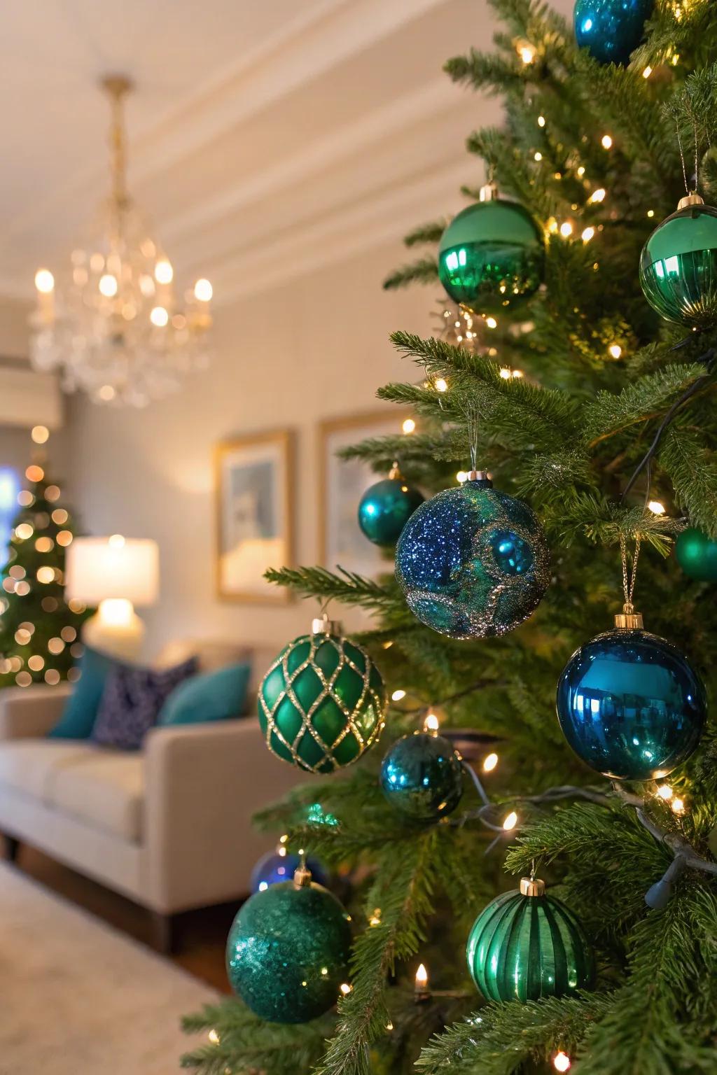 A lavish Christmas tree with refined gemstone tones.