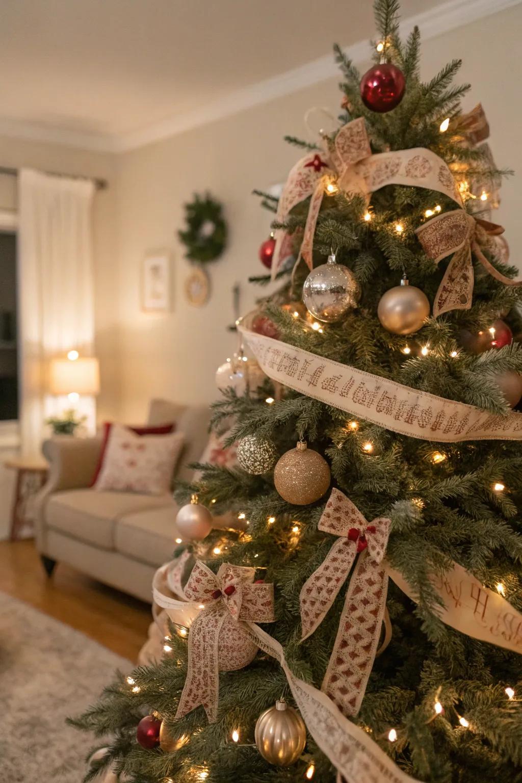 A Christmas tree with retro wraps and baubles, exuding a nostalgic charm.