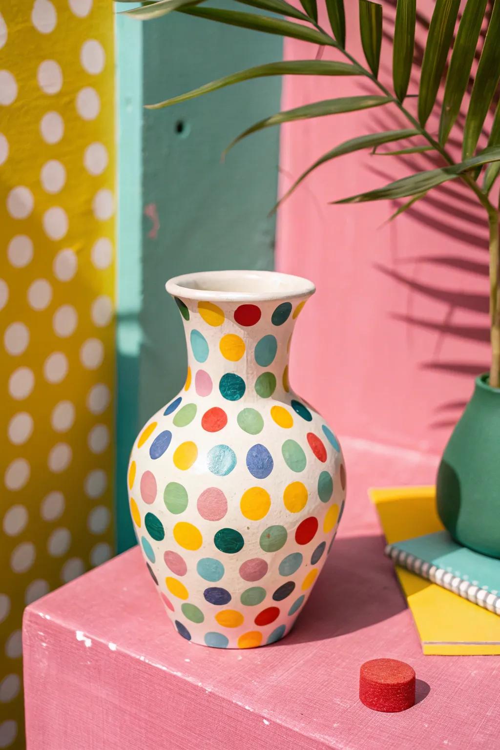 A fun-patterned earthenware vase adding excitement and charm to any decorating scheme.