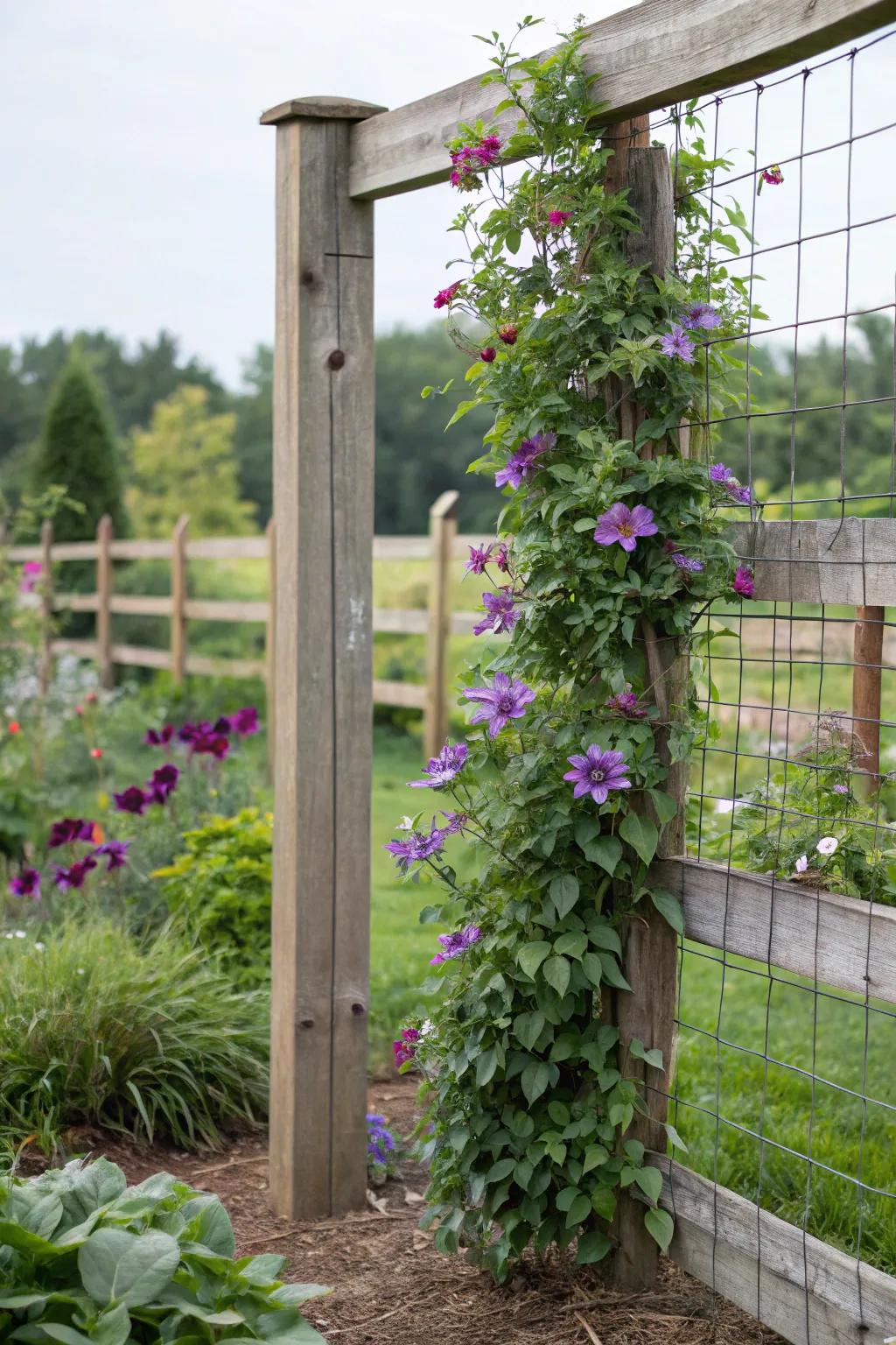 A livestock panel climbing support gives useful help for clematis.