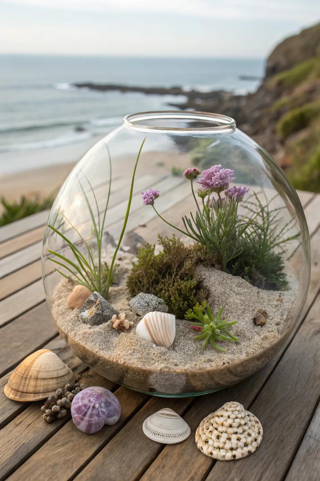A coastal retreat terrarium, capturing the ocean’s tranquility.