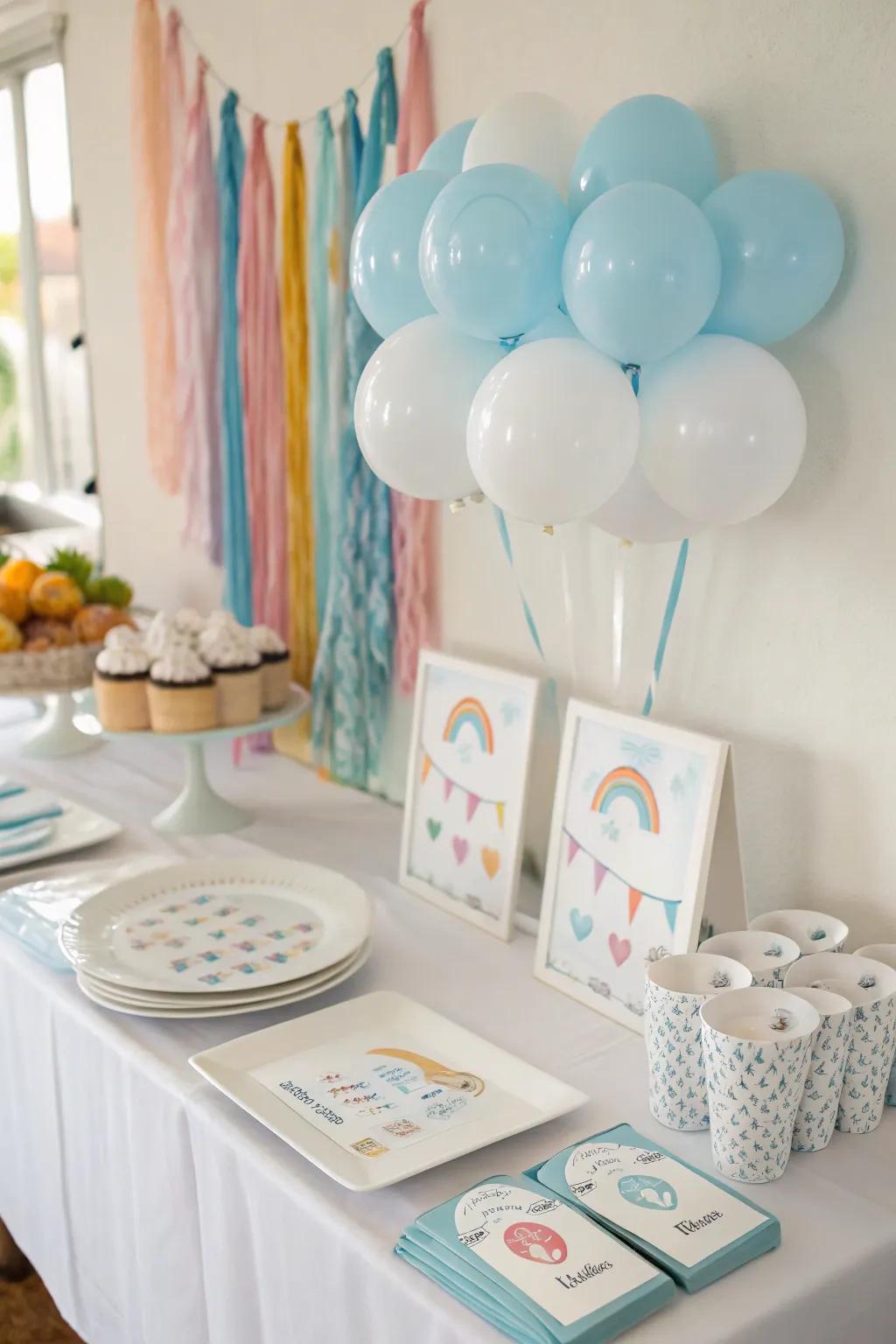 Sky-themed amusements contribute a playful and interactive element to the baby shower.