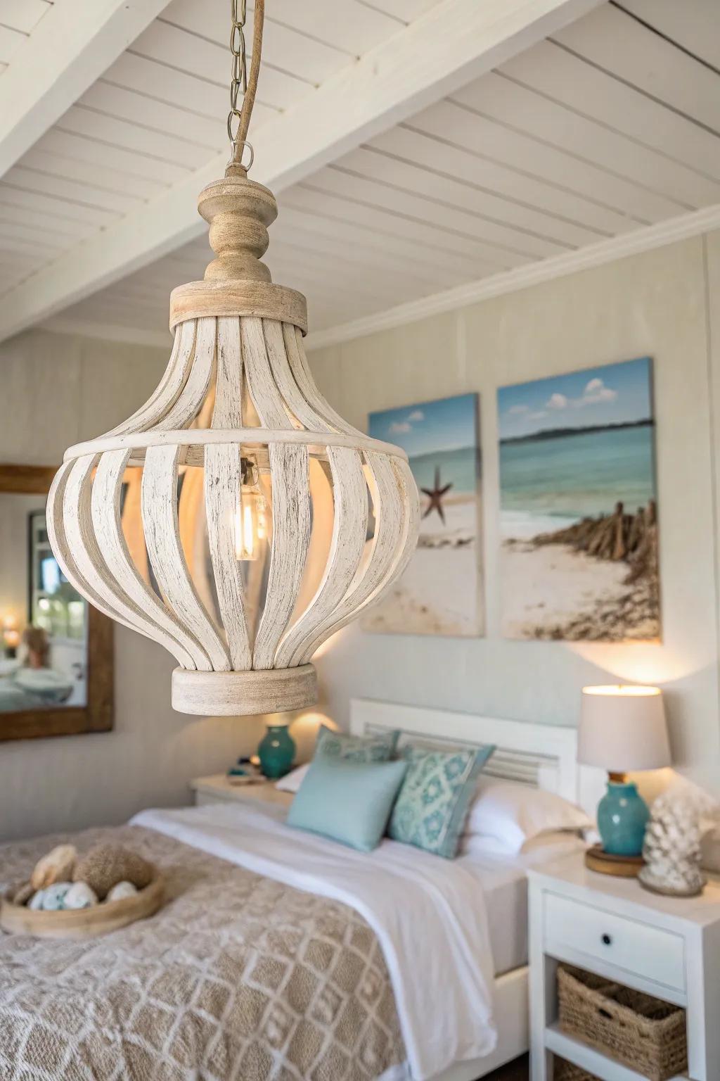 Chalked wood fixtures evoke a calming coastal vibe.