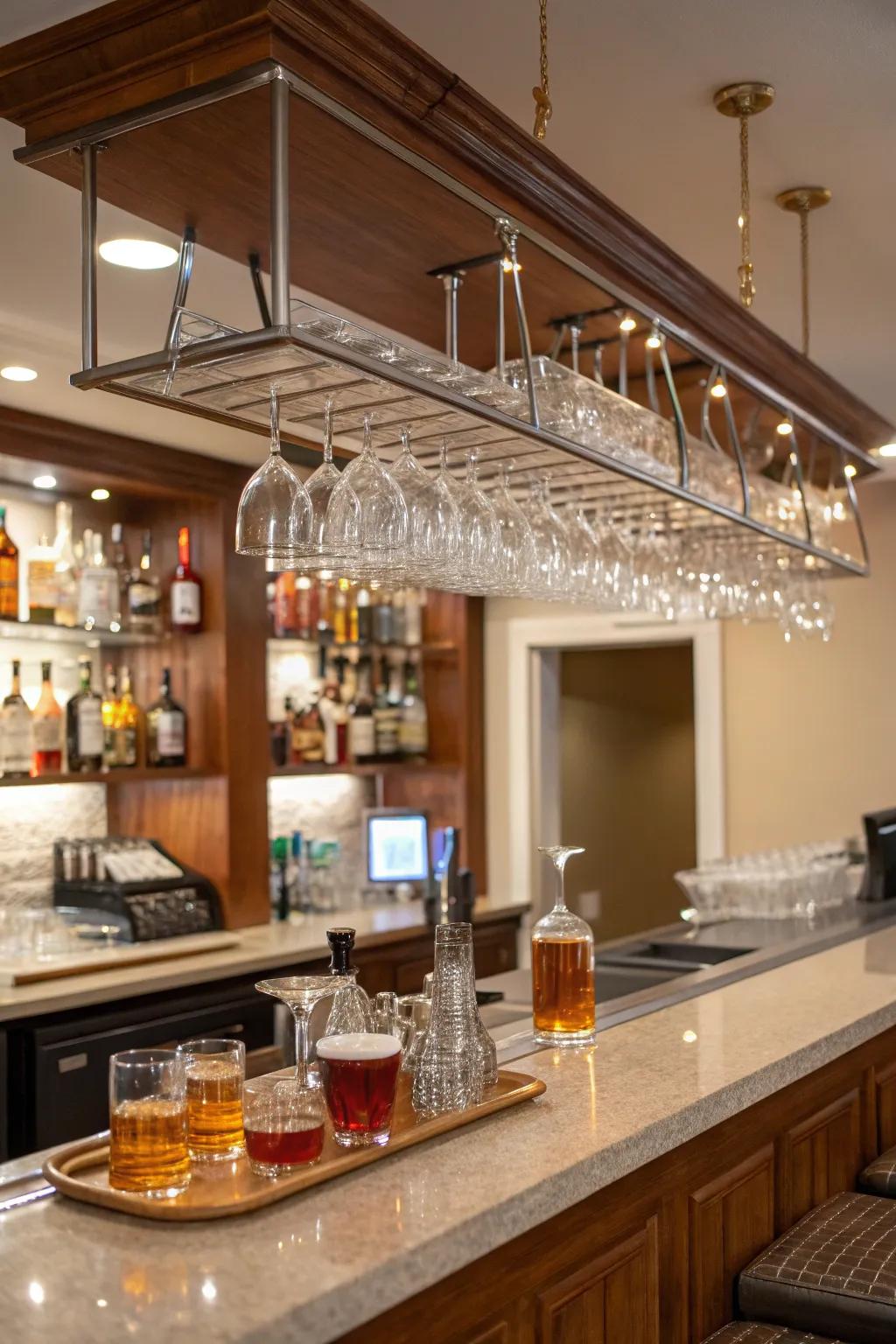 Fashionably exhibited stemware strengthens the bar's appeal.