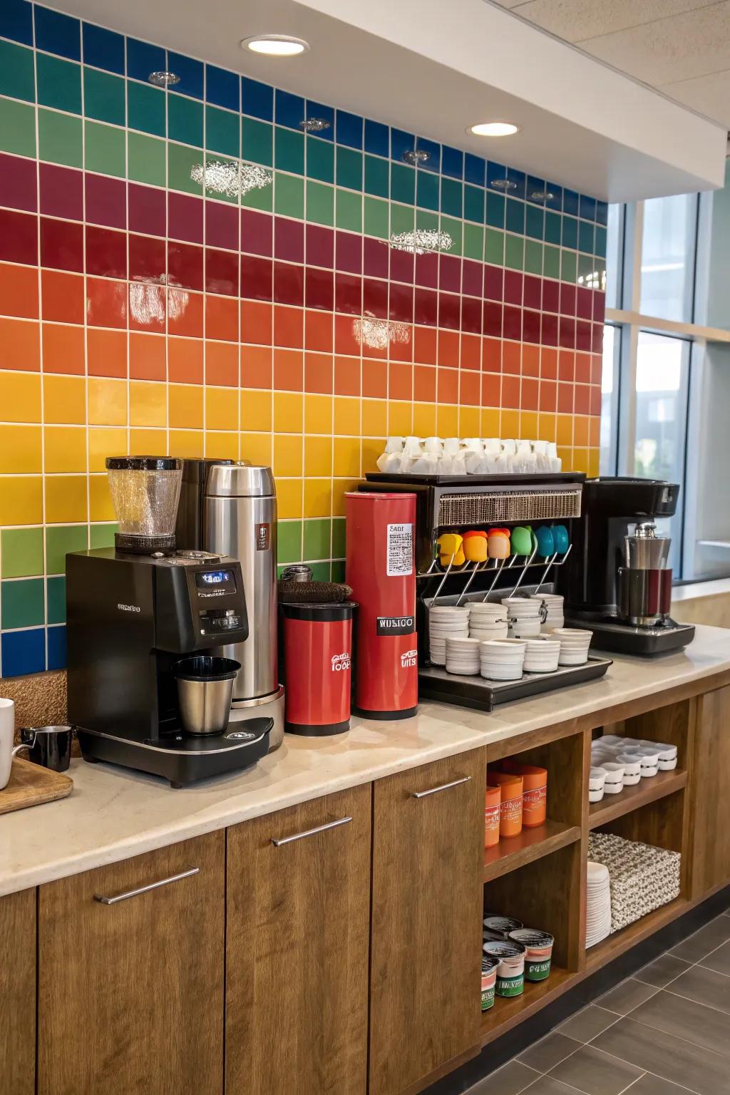 A bold wall covering creates a striking center point for your coffee and tea station.