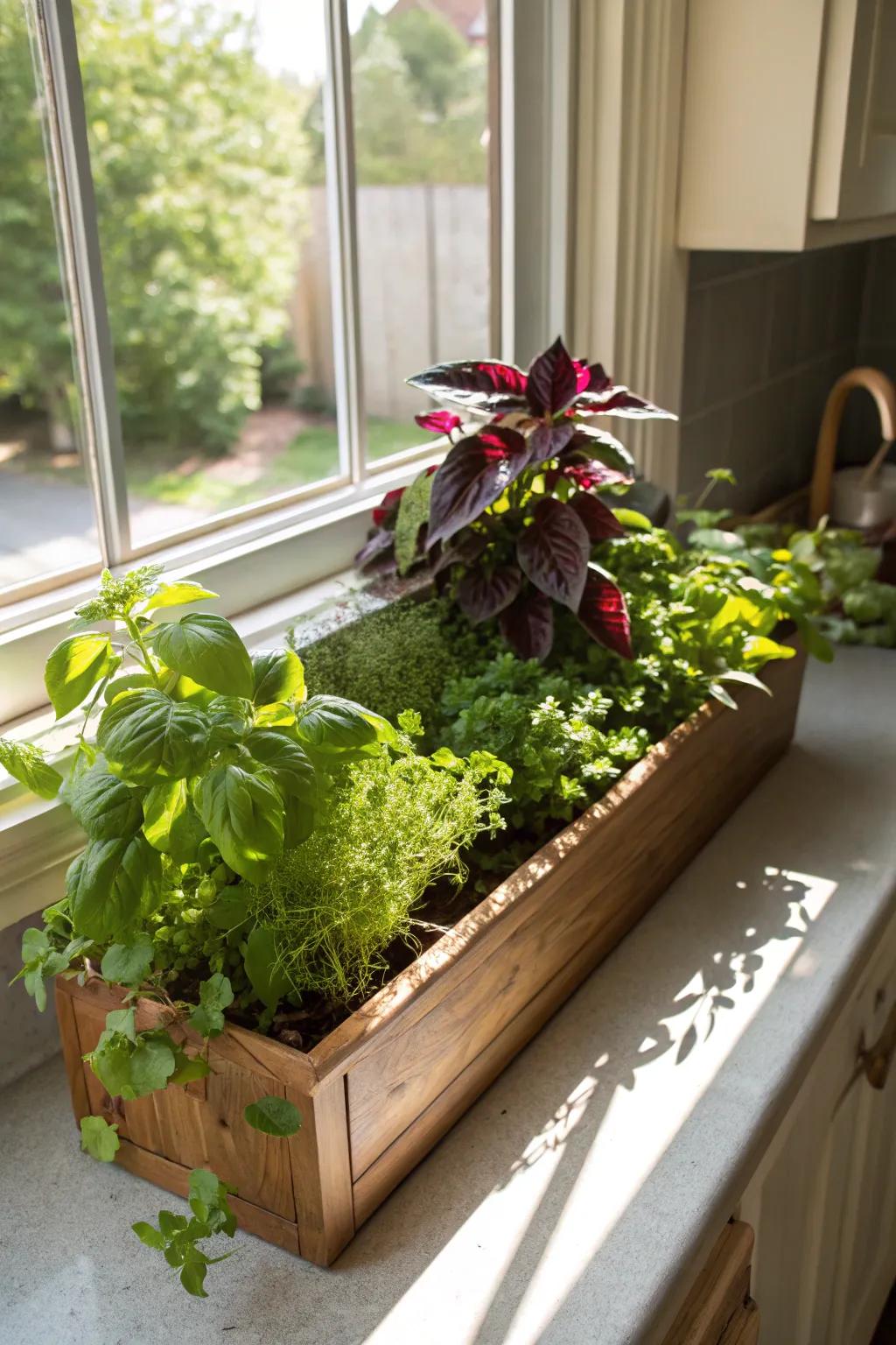 Painted Nettle and herbs combine beauty and function in window boxes.