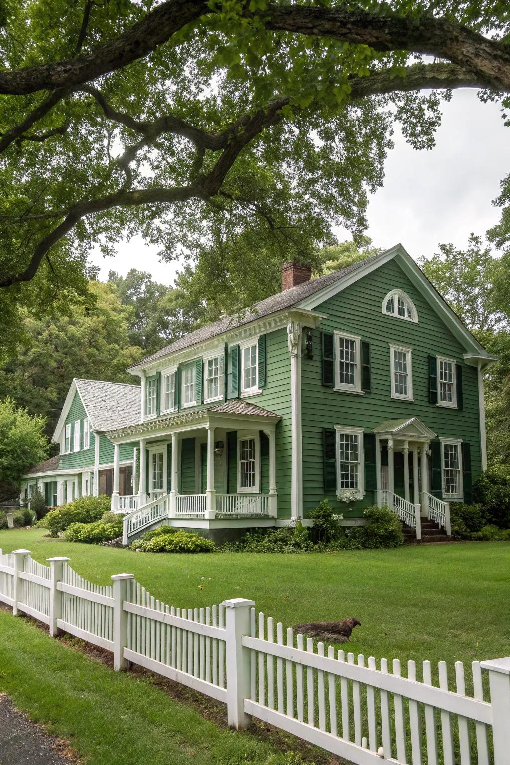Colonial dwelling featuring verdant siding and ivory trim.
