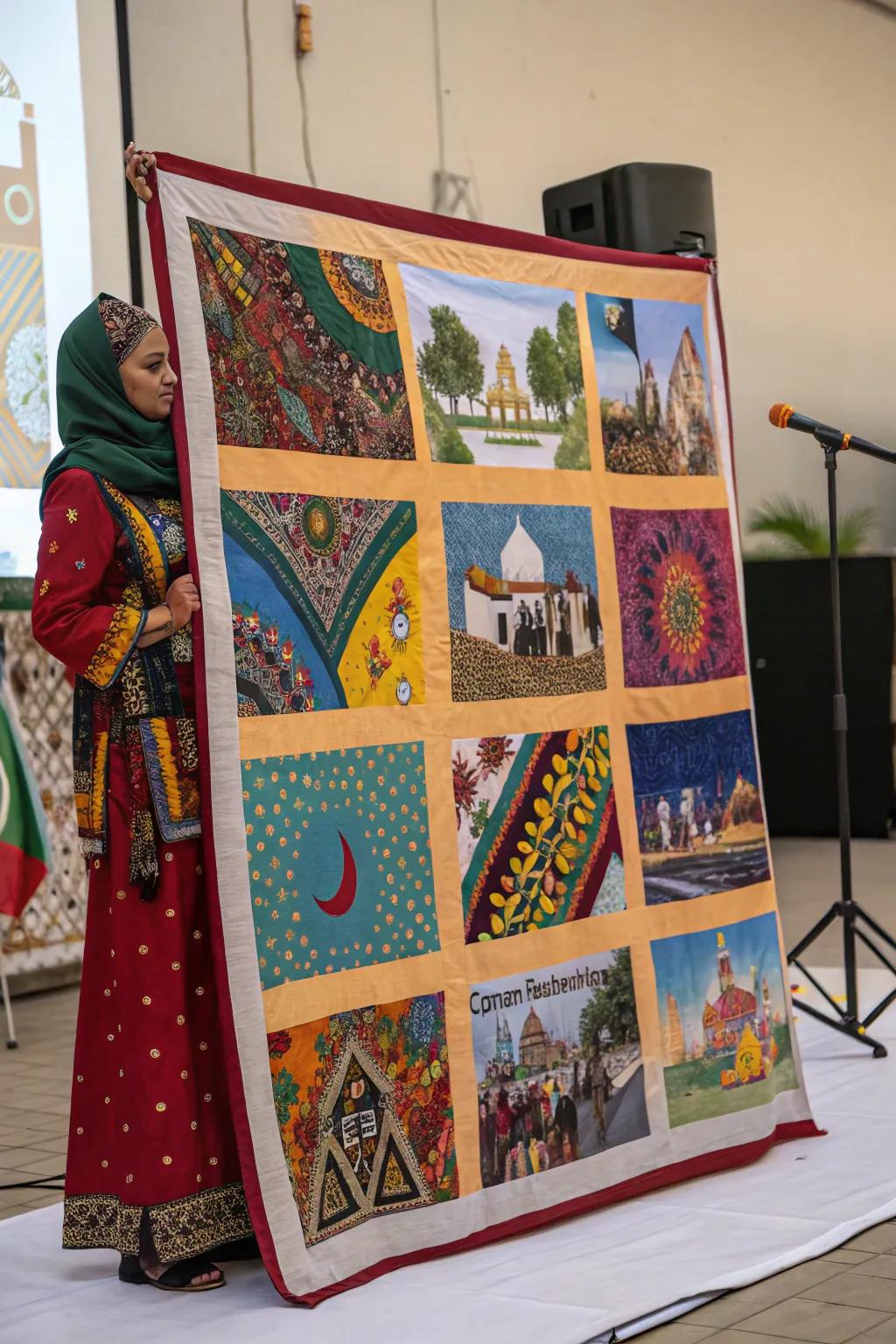 An arrangement with a cultural theme with patterns and hues from various regions.