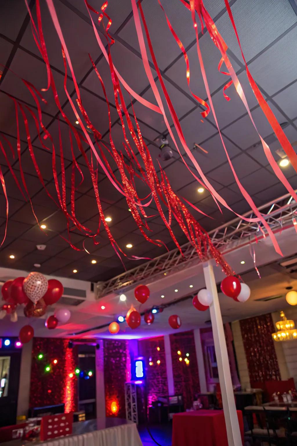 An eye-catching crimson ribbon ceiling setting the festive mood.