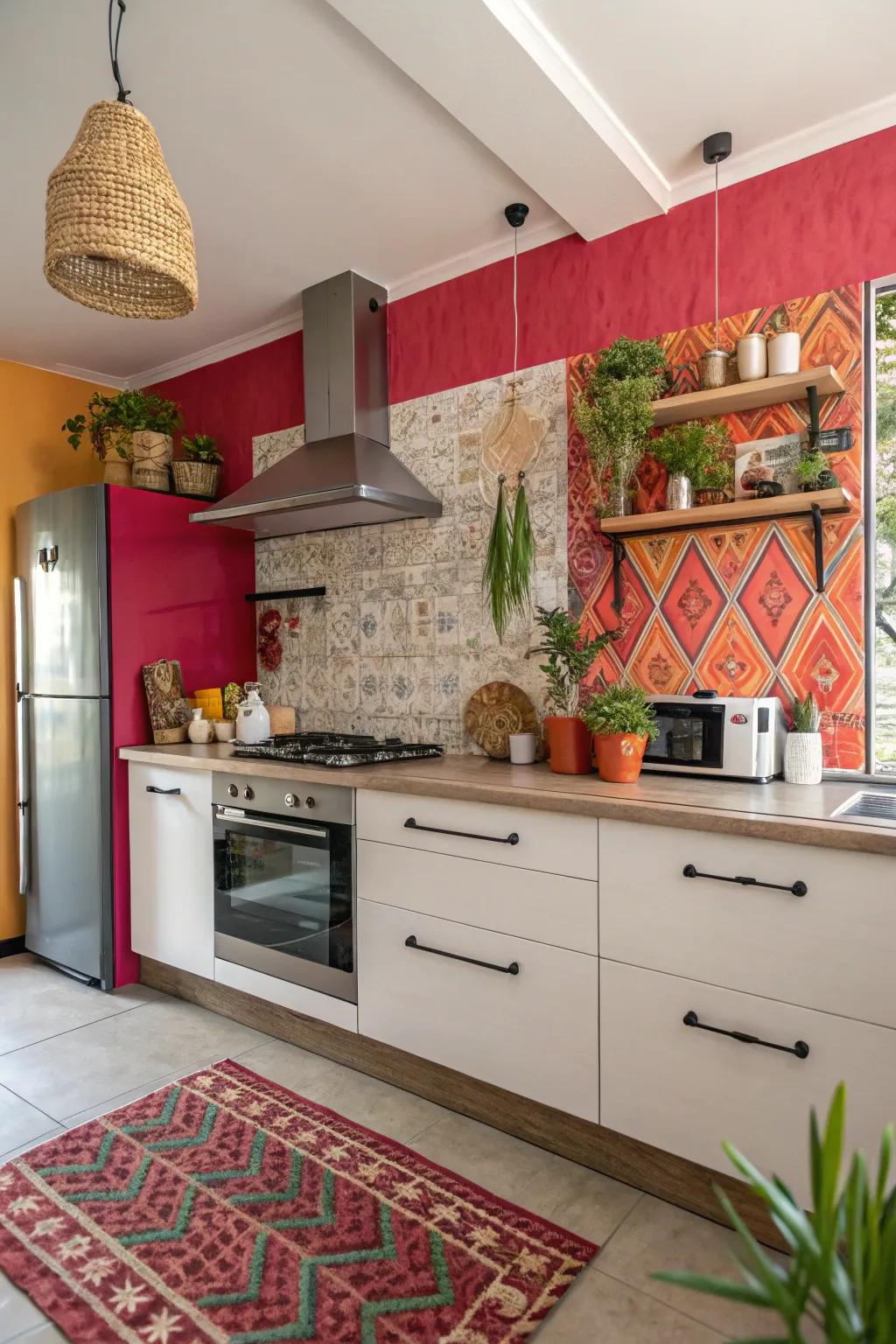 A bold accent wall instantly alters the cooking space's atmosphere.