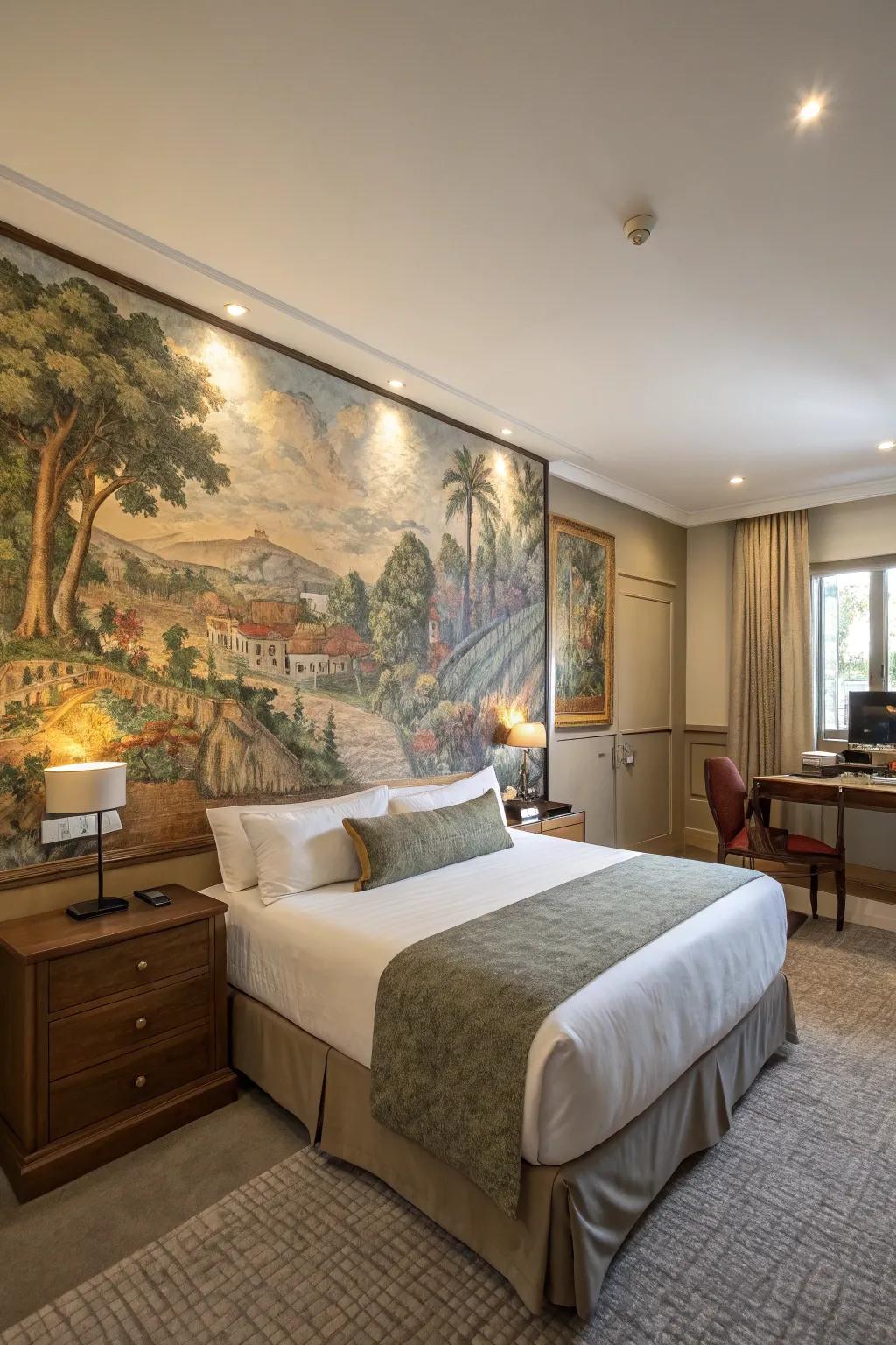 A creative wall painting transforms this bedroom into a creative haven.