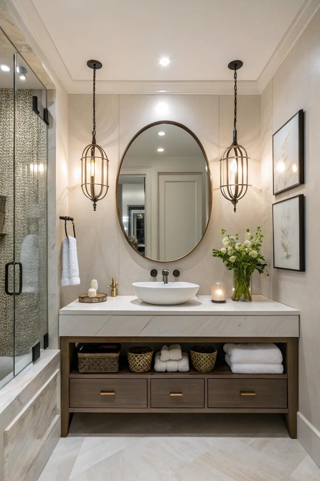 A suspended vanity adds a modern touch to this guest bathroom.