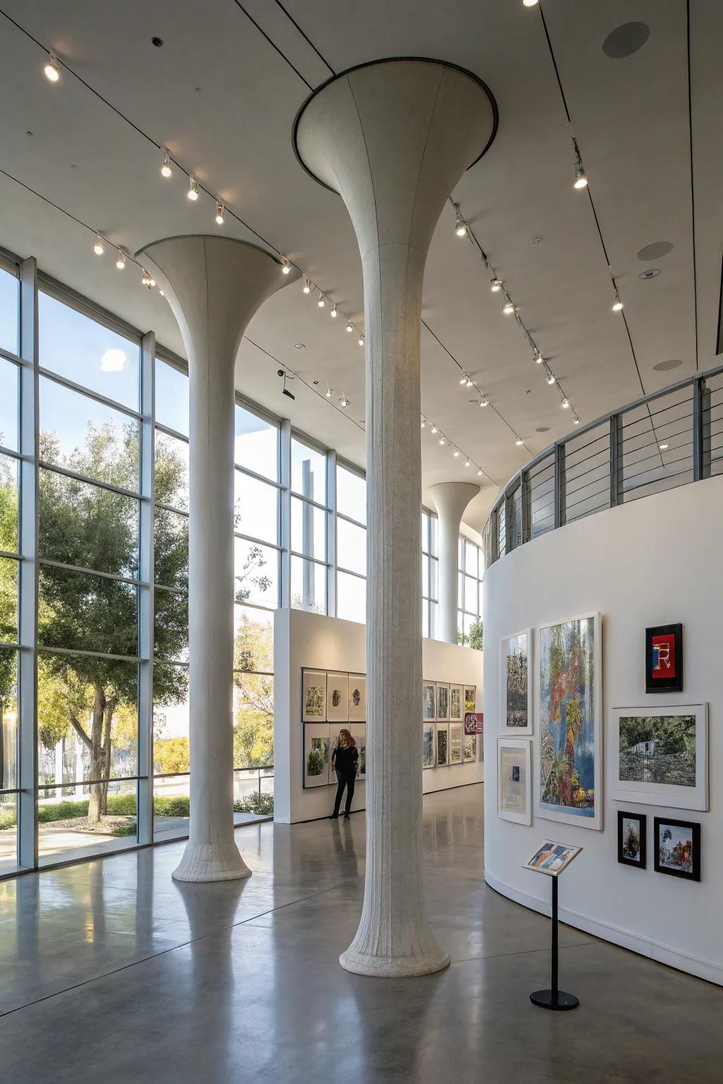 Sculptural columns serve as artistic focal points in a modern space.