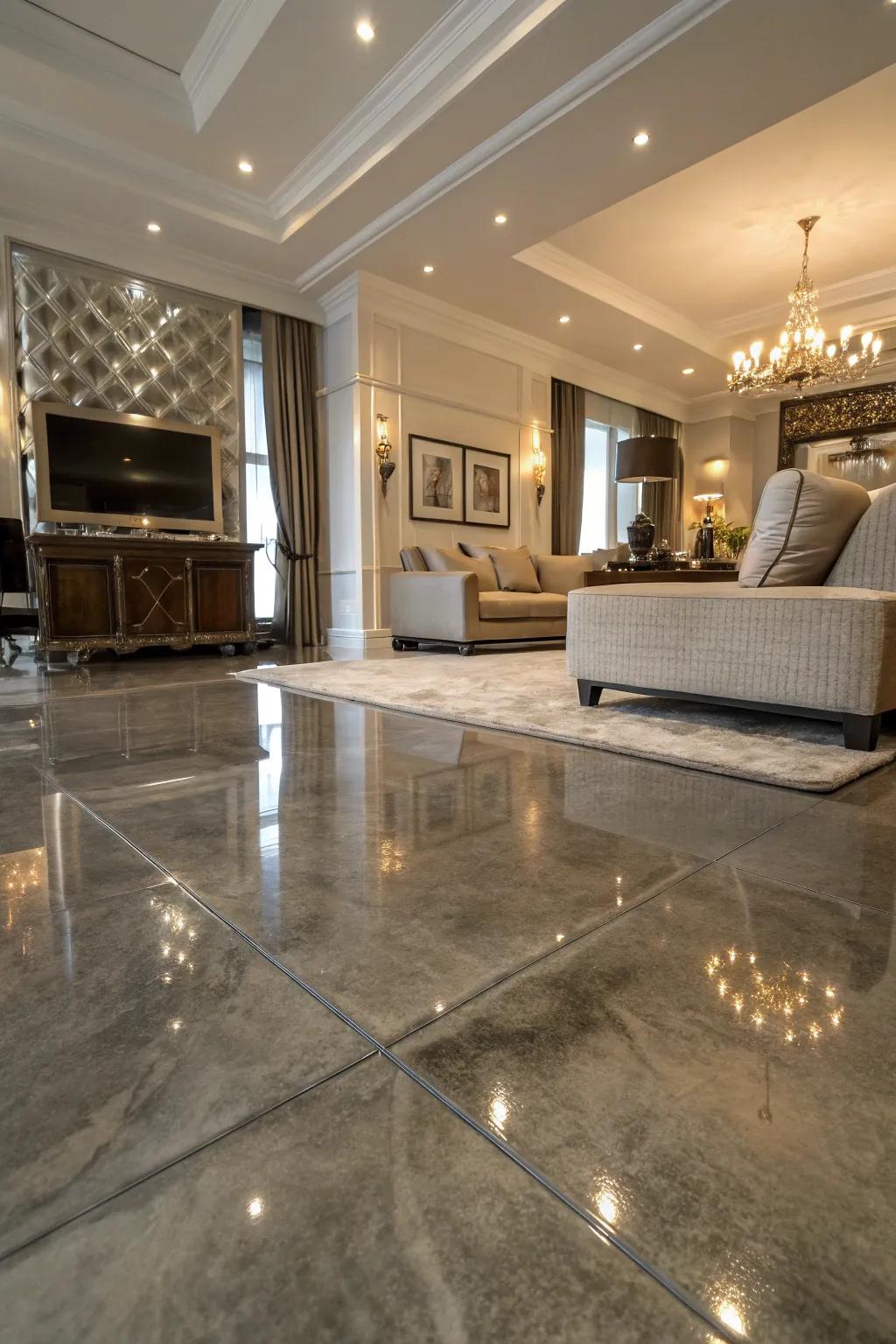 Shining sheen concrete flooring adding a luxurious touch to a living room.