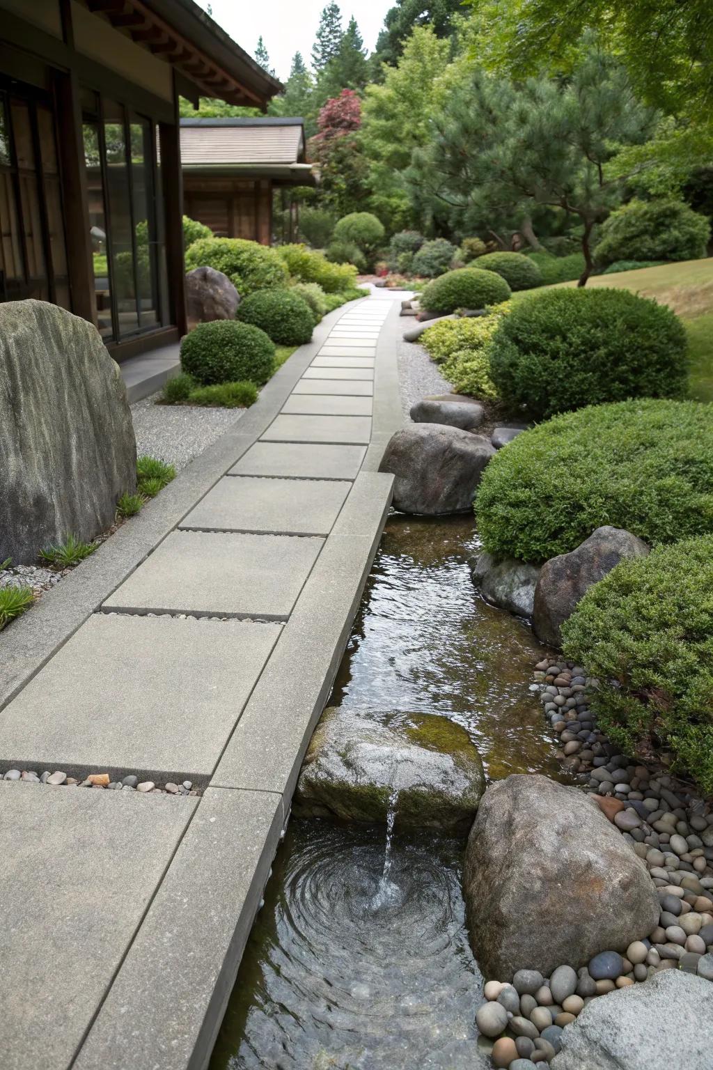 Aquatic elements add peace to concrete walkways.
